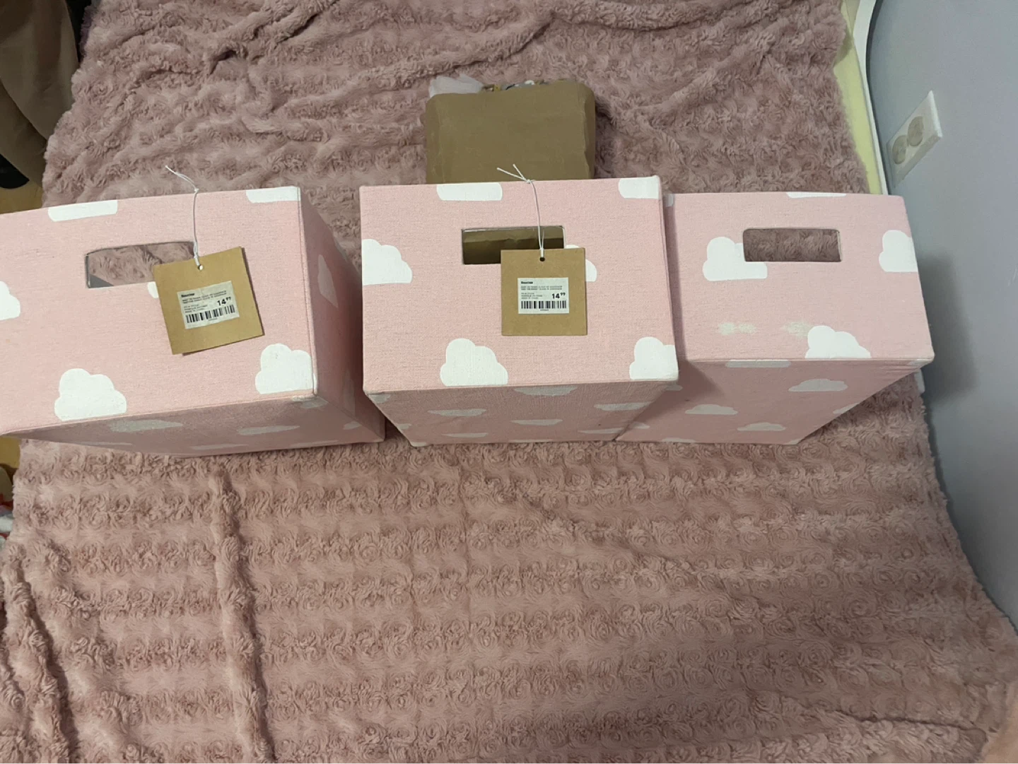 3 Pink Cloud Storage Bins & pillow and a pink bed cover throw