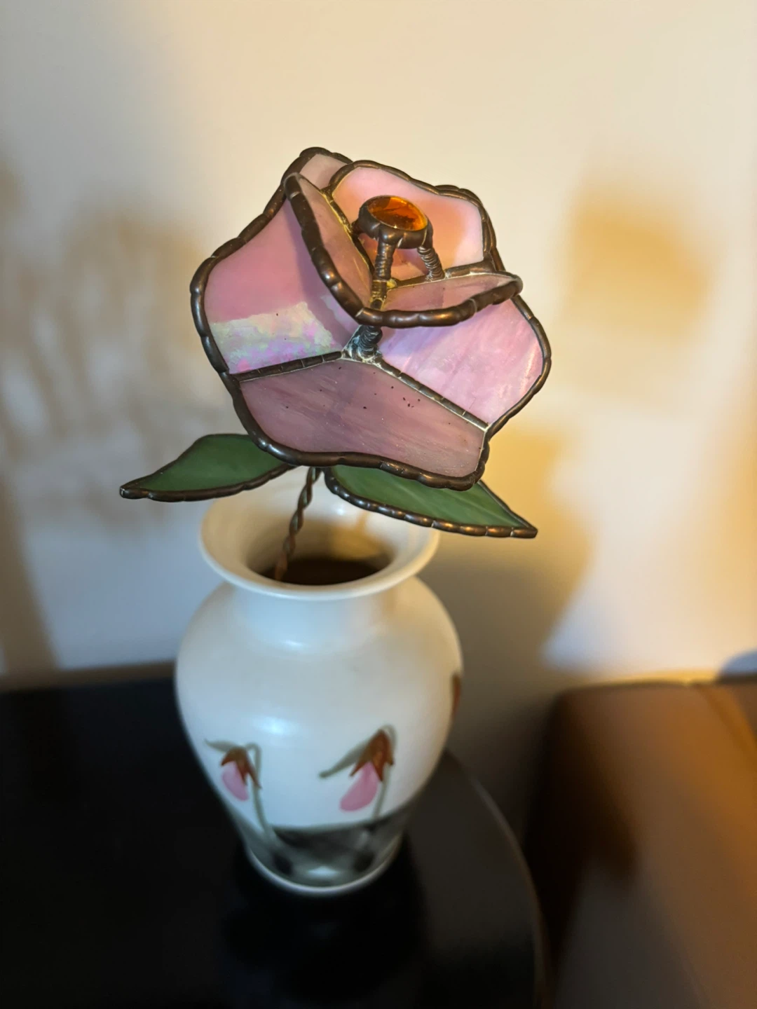 Pink Stained Glass Rose in signed Ceramic Vase