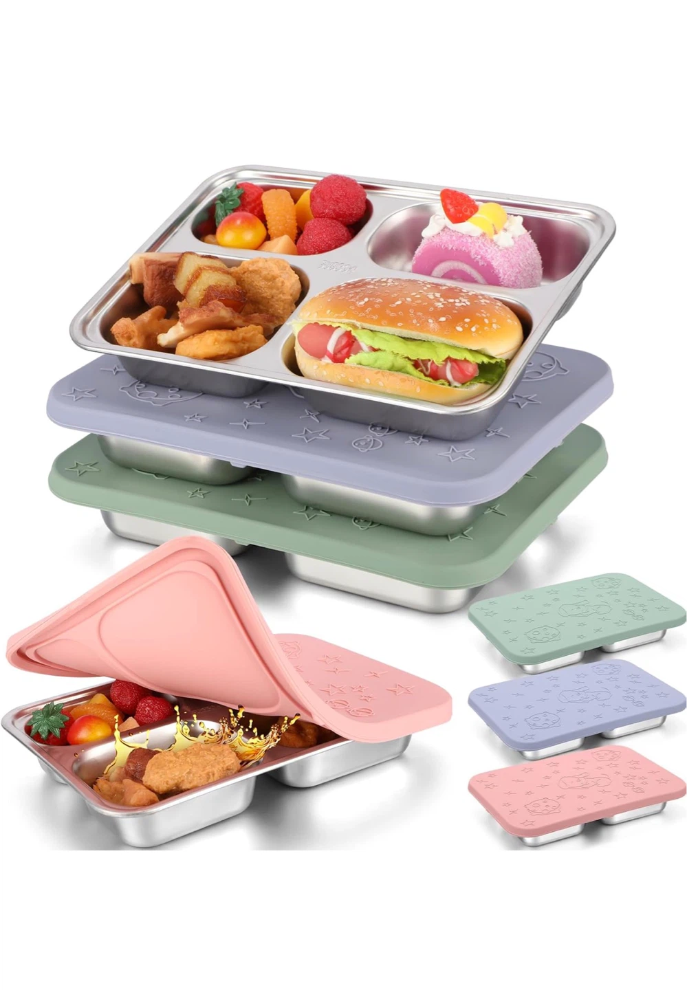 Stainless Steel Divided Bento Box with Silicone Lid