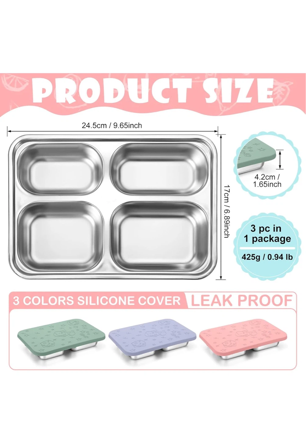 Stainless Steel Divided Bento Box with Silicone Lid - photo 3