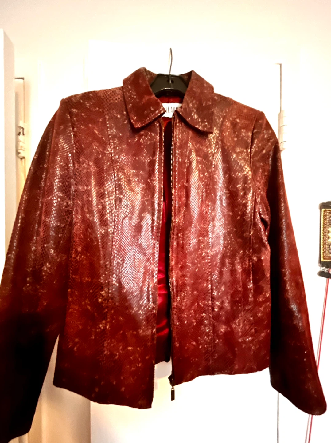 Genuine Leather Snake Print Burgundy Jacket S size