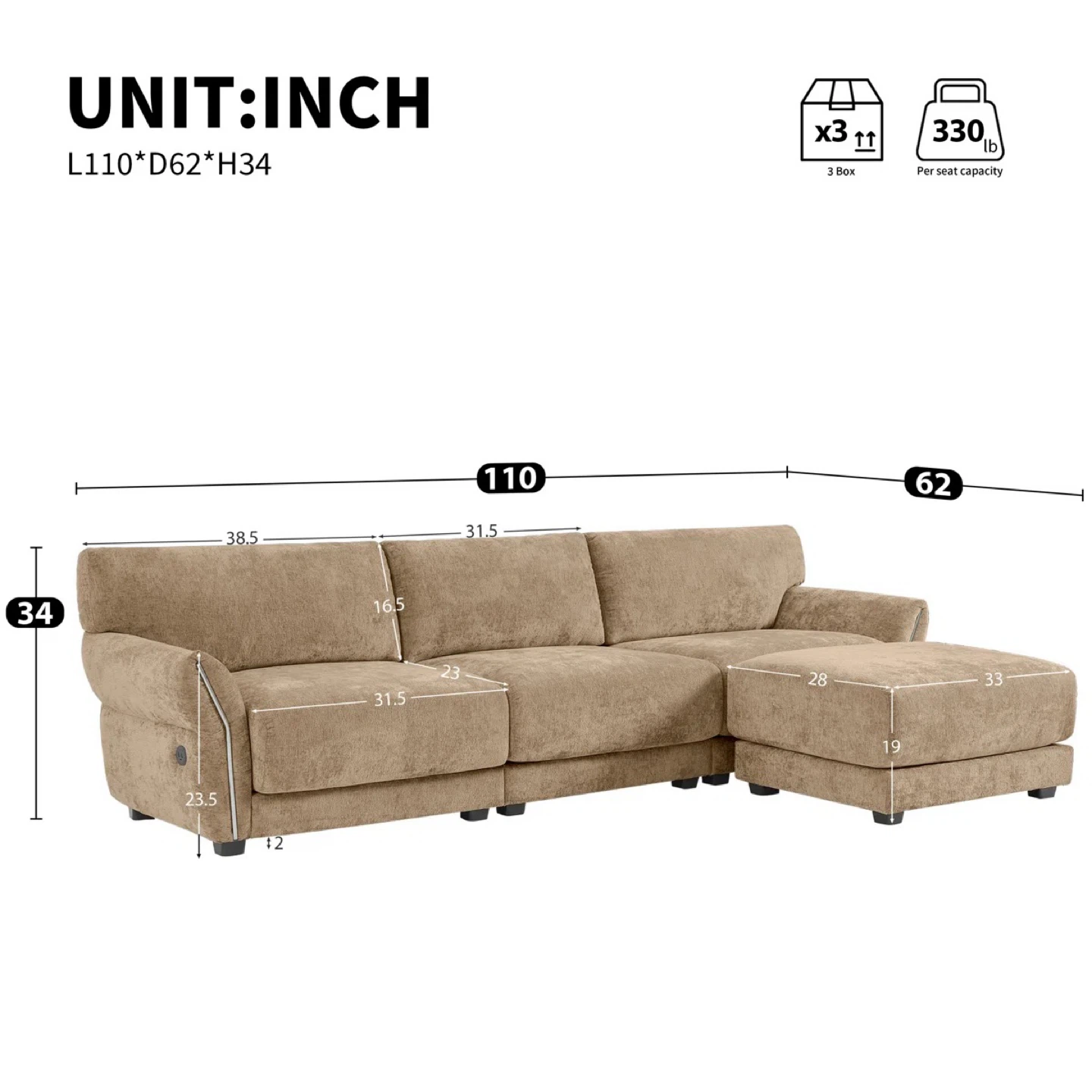 Sectional Sofa with Ottoman - Tan - photo 2