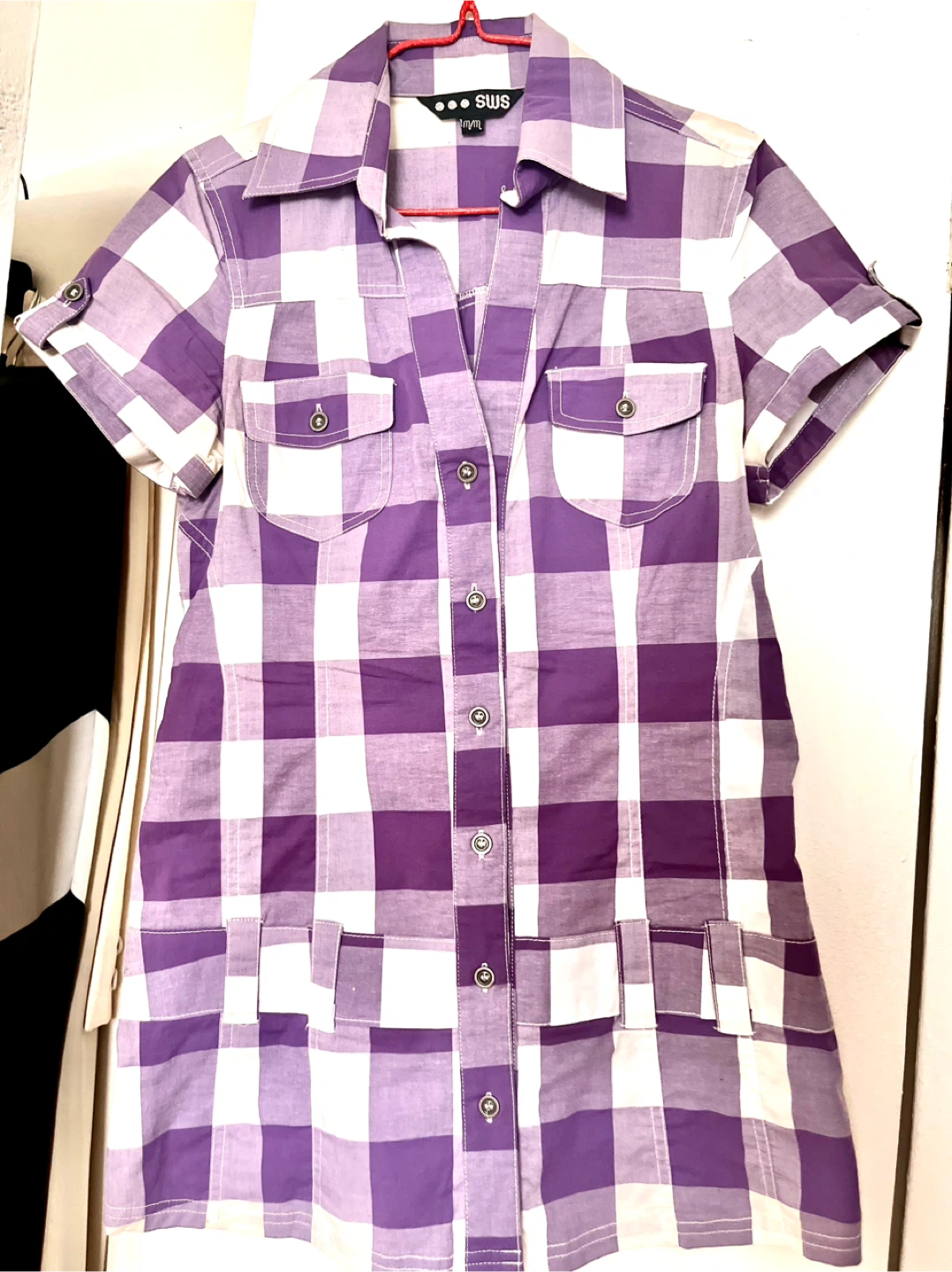 SWS Plaid Button-Up cotton Shirt  Purple/White Size M