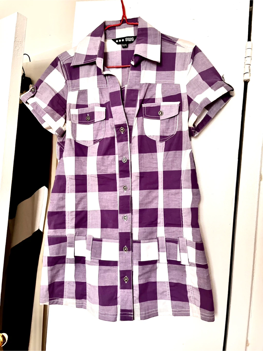 SWS Plaid Button-Up cotton Shirt  Purple/White Size M - photo 2