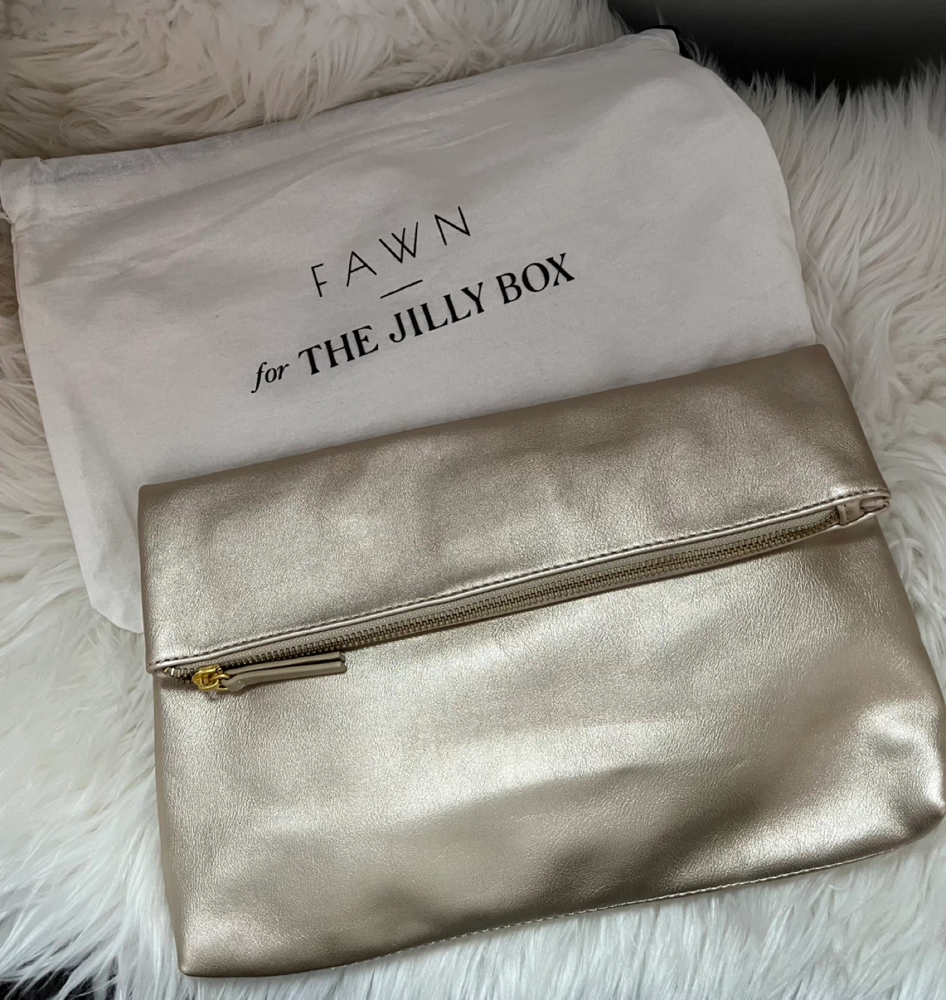 Fawn for The Jilly Box Gold Clutch Bag
