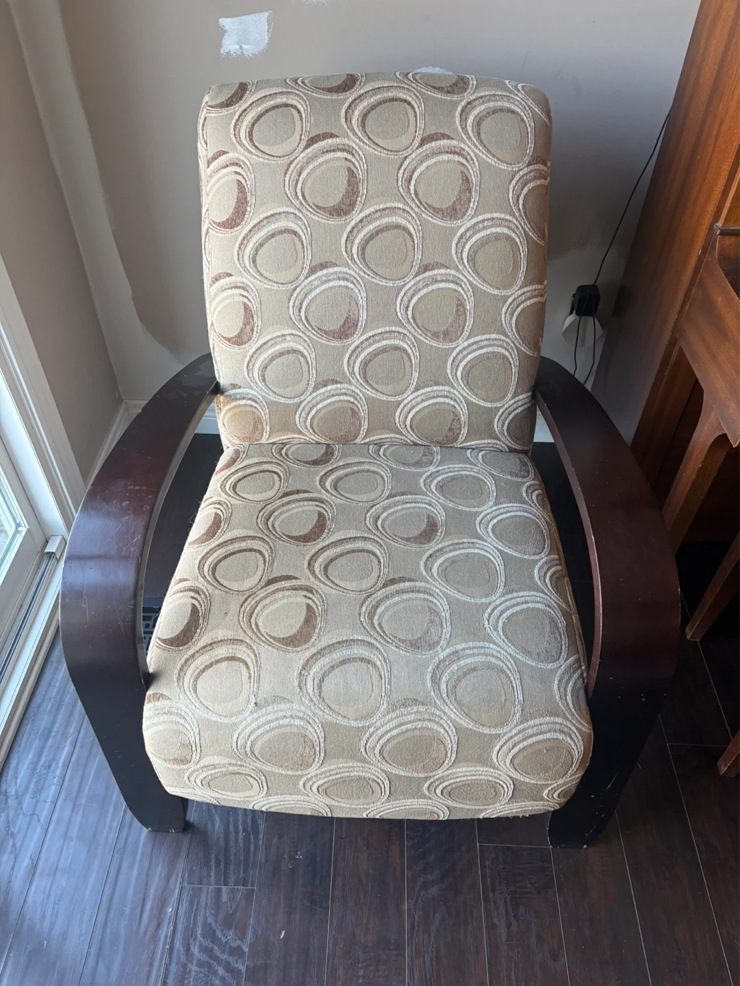 Accent Chairs with Patterned Fabric and Wood Arms