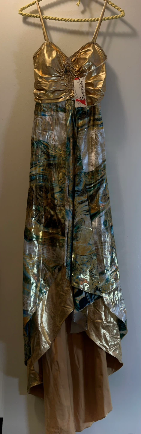 New-Sorelle Gold Metallic Abstract Print Evening Gown-size S