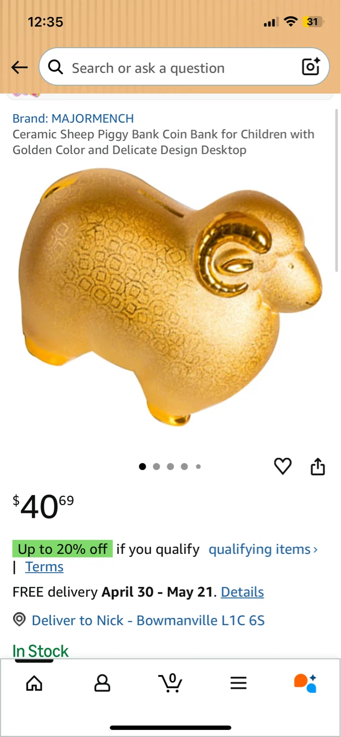 NEW! Ceramic Sheep Piggy Bank - Gold