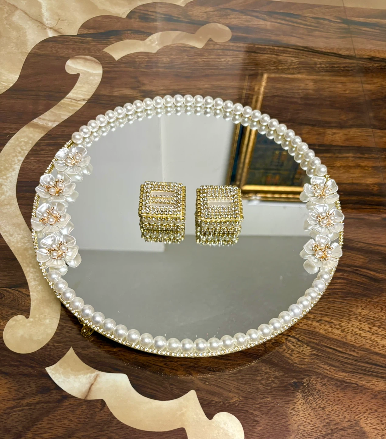 Round Mirror Tray with Faux Pearls, rhinestone & flowers