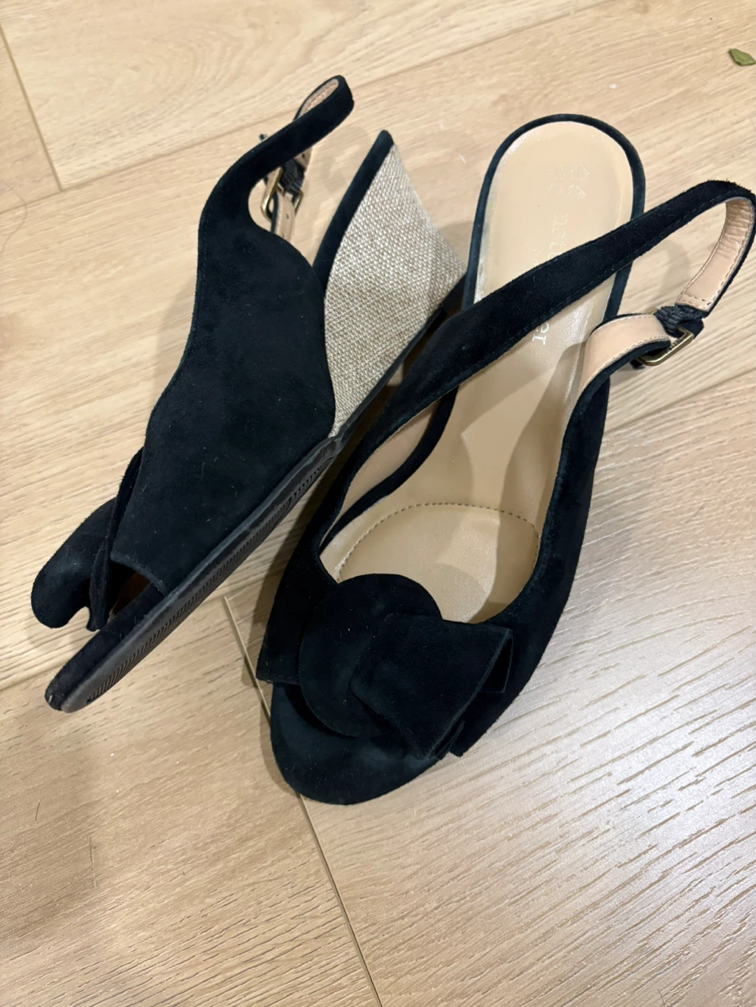 Black Suede Slingback Wedges with Bow