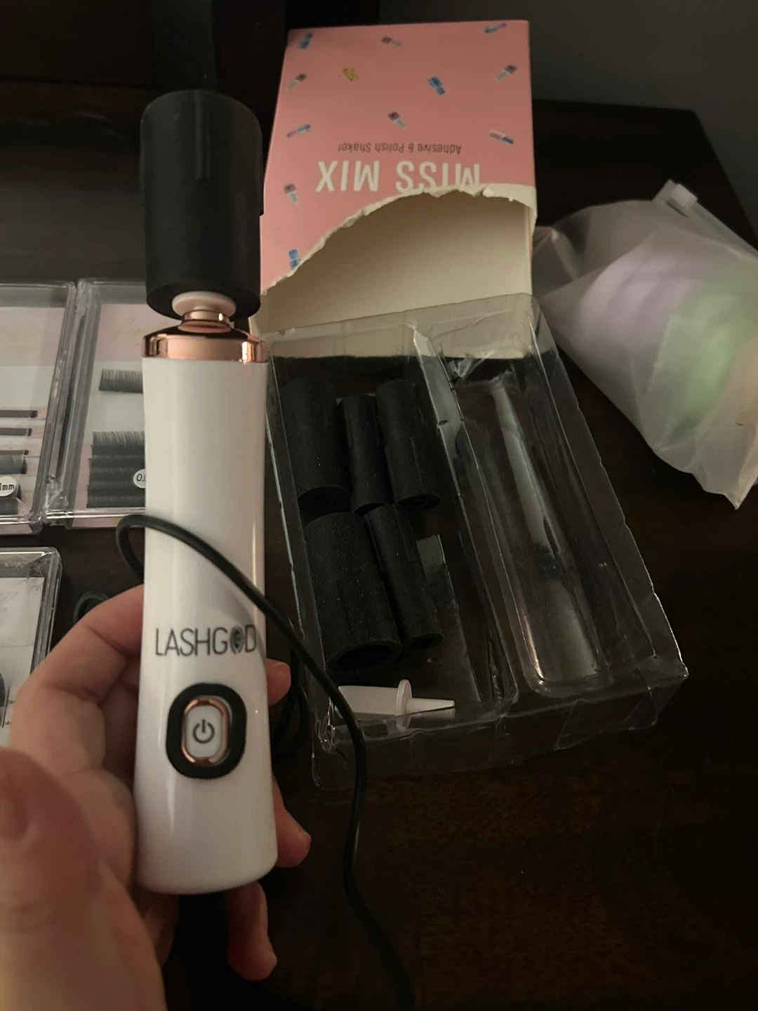 Lashes, glue shaker, glue stickers, lash holder