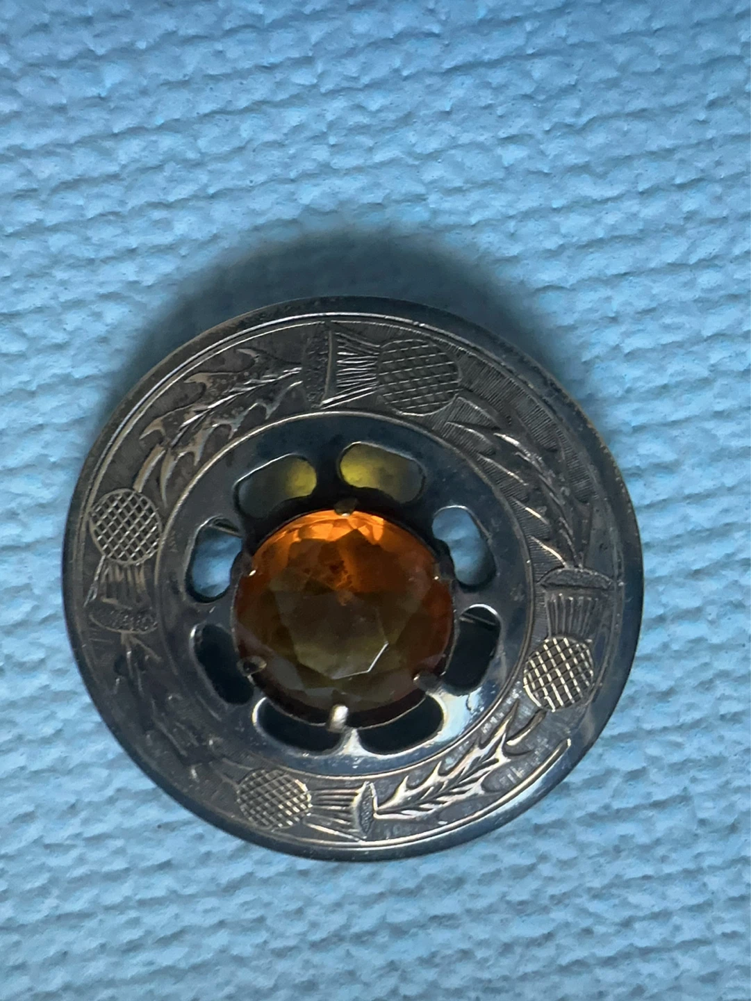 Vintage Silver Tone Brooch with Amber-Coloured Stone