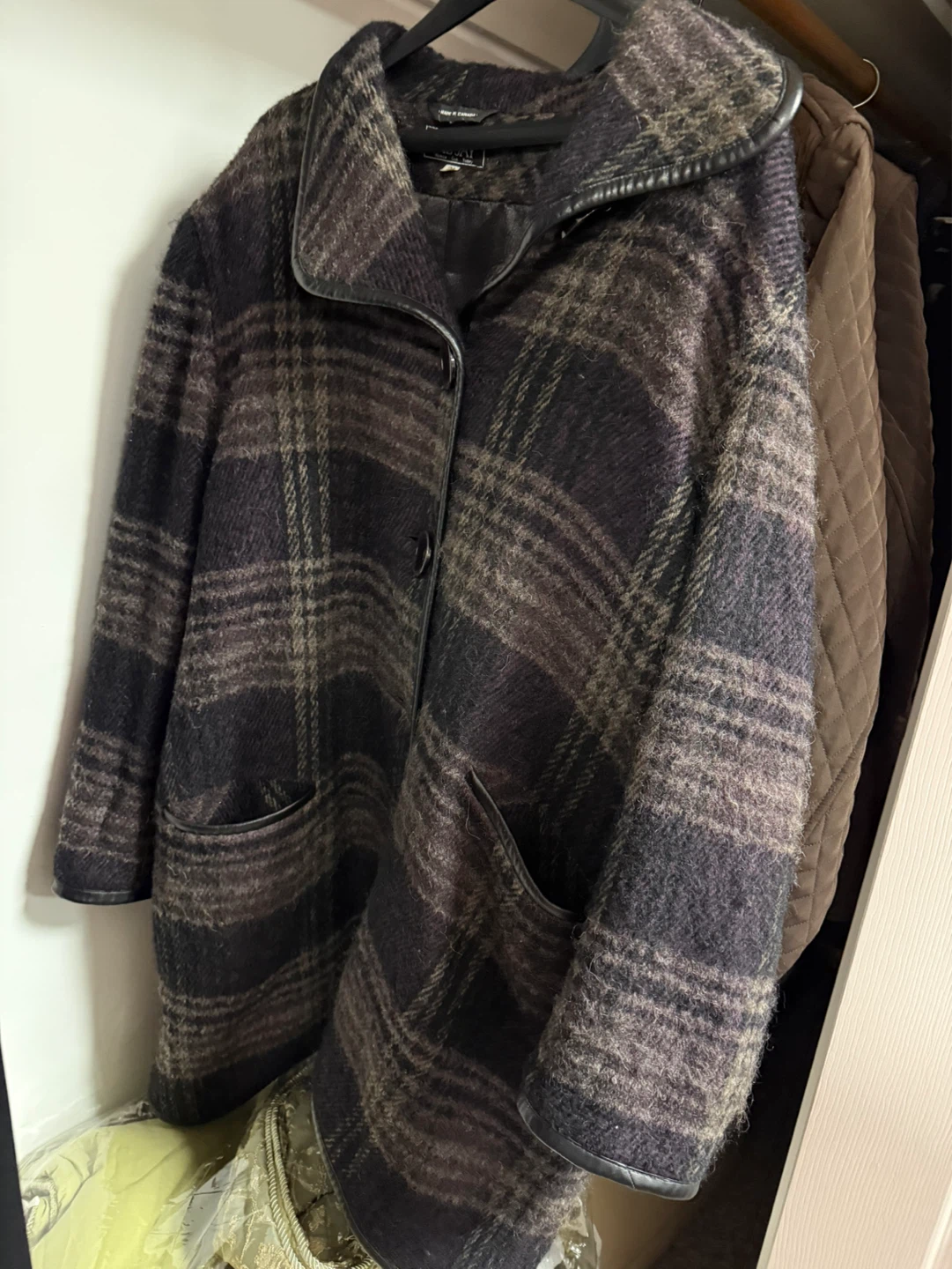 Tartan Wool Blend Coat with Faux Leather Trim