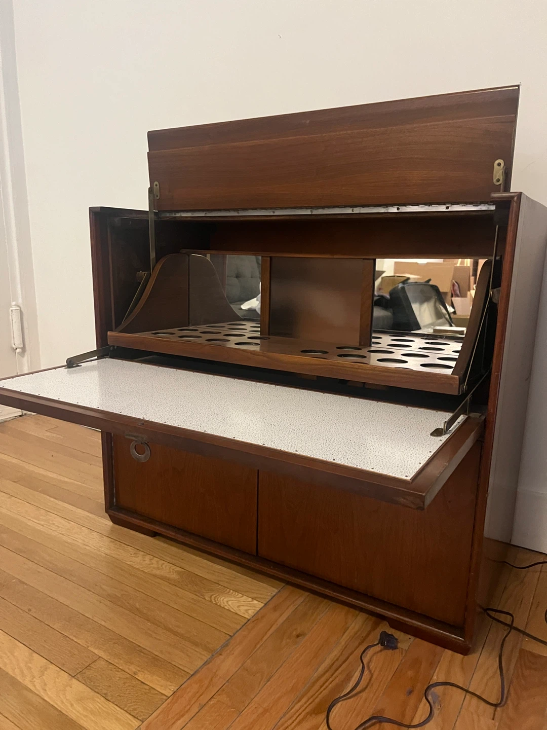 Vintage Wooden Bar Cabinet with Mirrored Interior