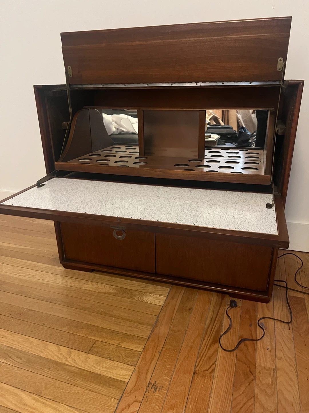 Vintage Wooden Bar Cabinet with Mirrored Interior - photo 2