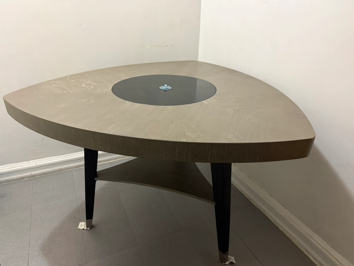 Raymour & flanigan Triangular Table with Central Inlay and Shelf