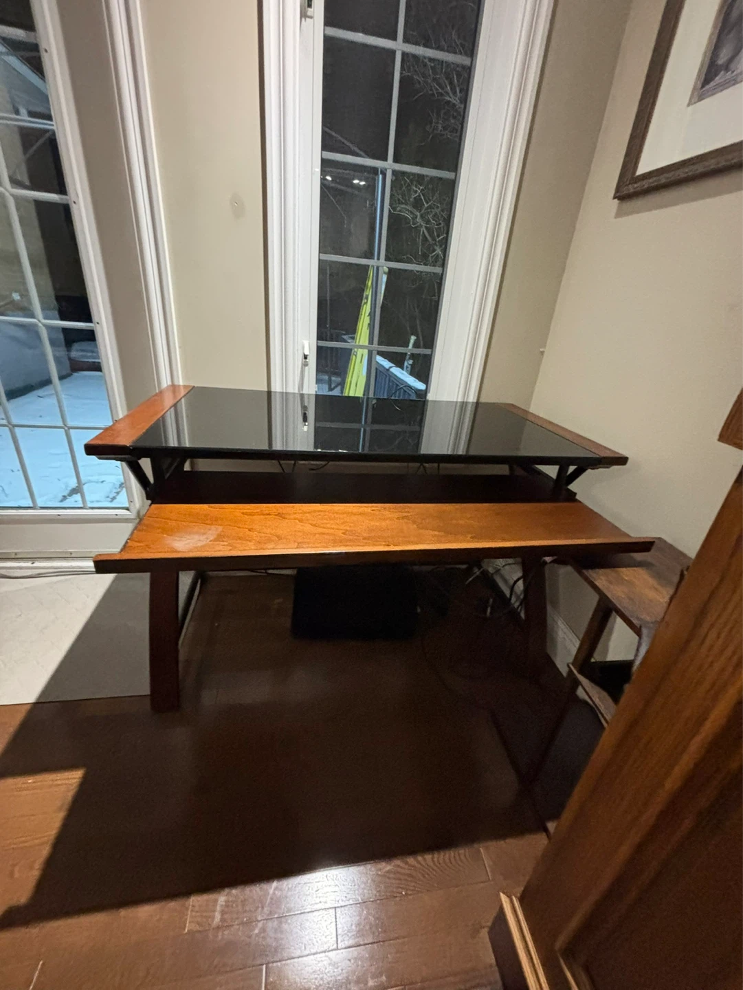 Wooden Desk with Black Glass Top and Pull-Out Shelf