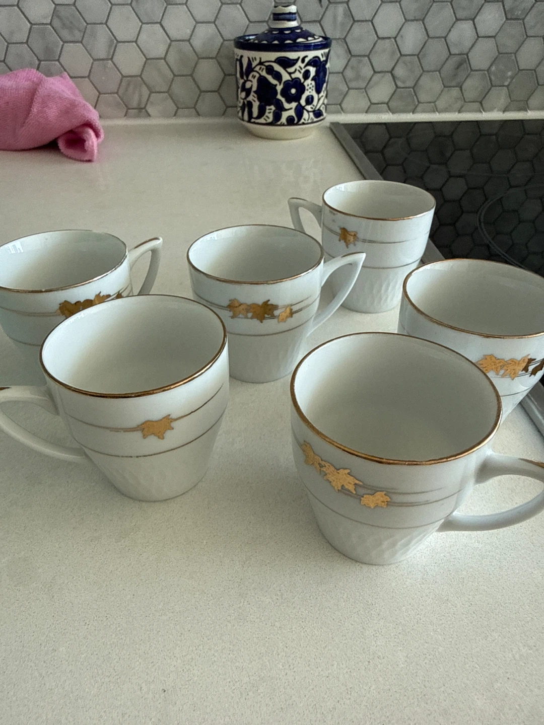Set of 6 White Cups with Gold Leaf Design