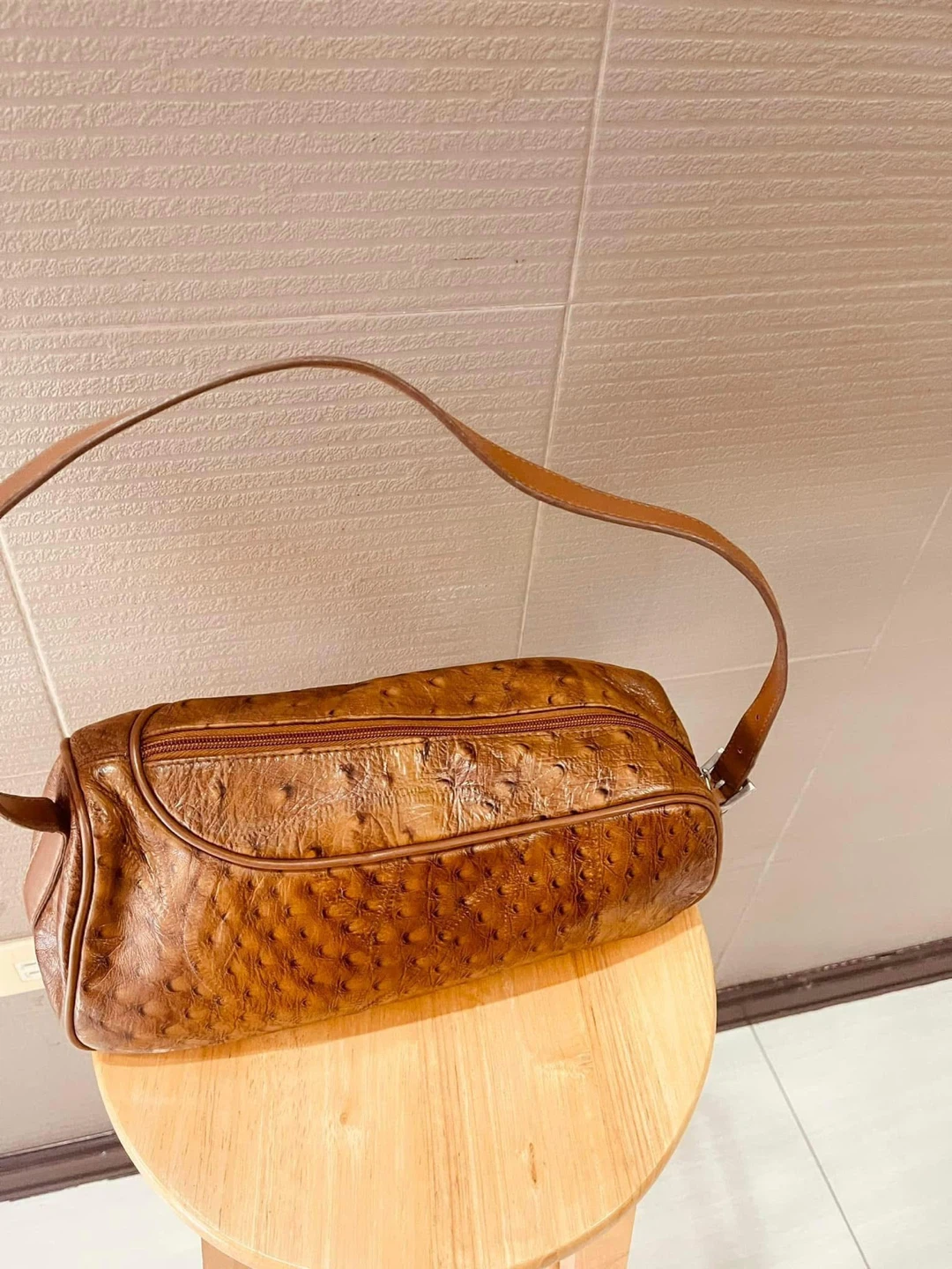 Brown Ostrich Leather Shoulder Bag