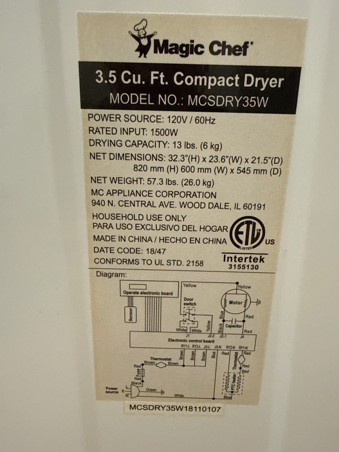 Magic Chef 3.5 Cu. Ft. Compact Dryer - MCSDRY35W - photo 4