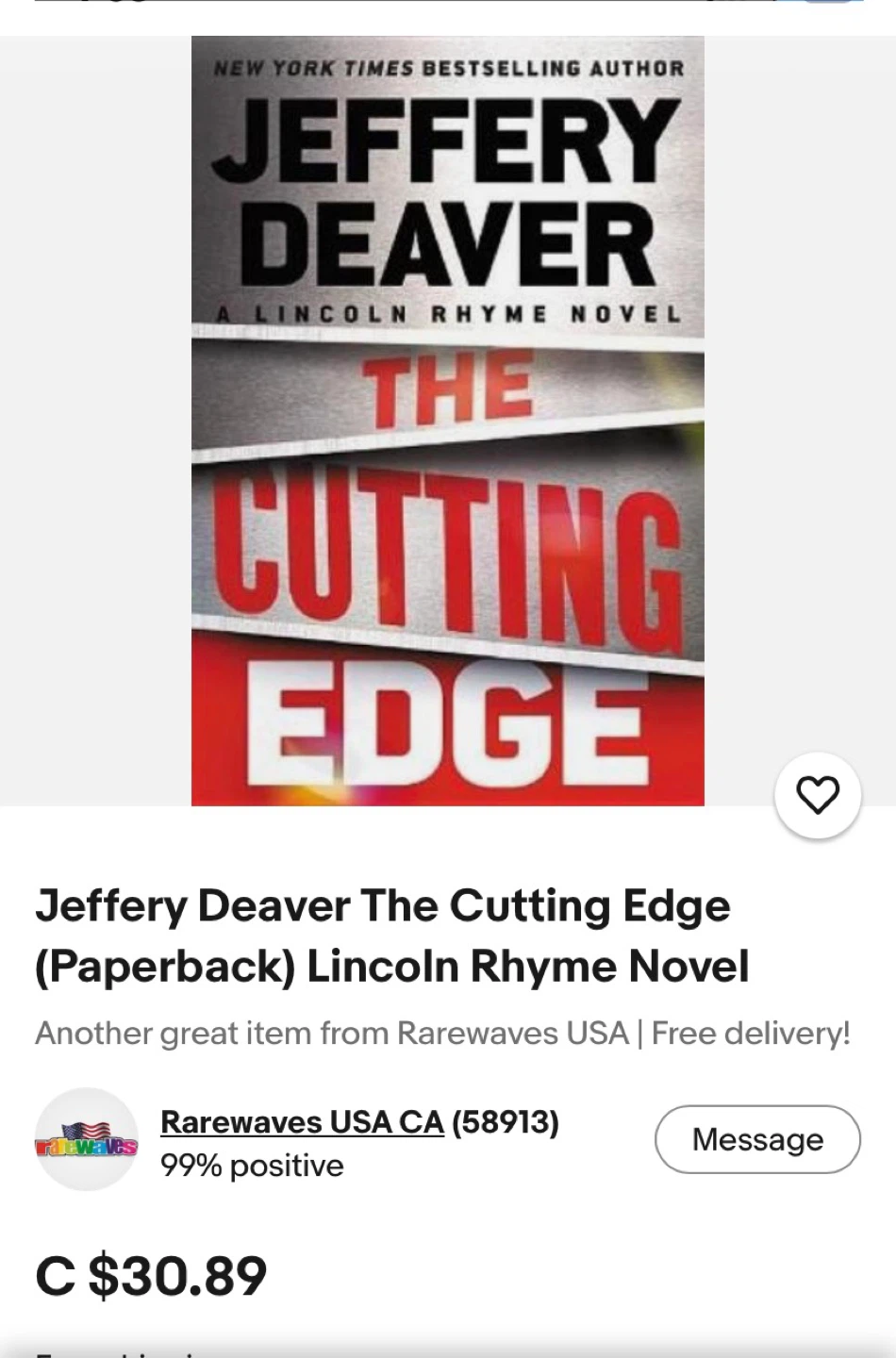 The Cutting Edge Paperback Novel by Jeffery Deaver