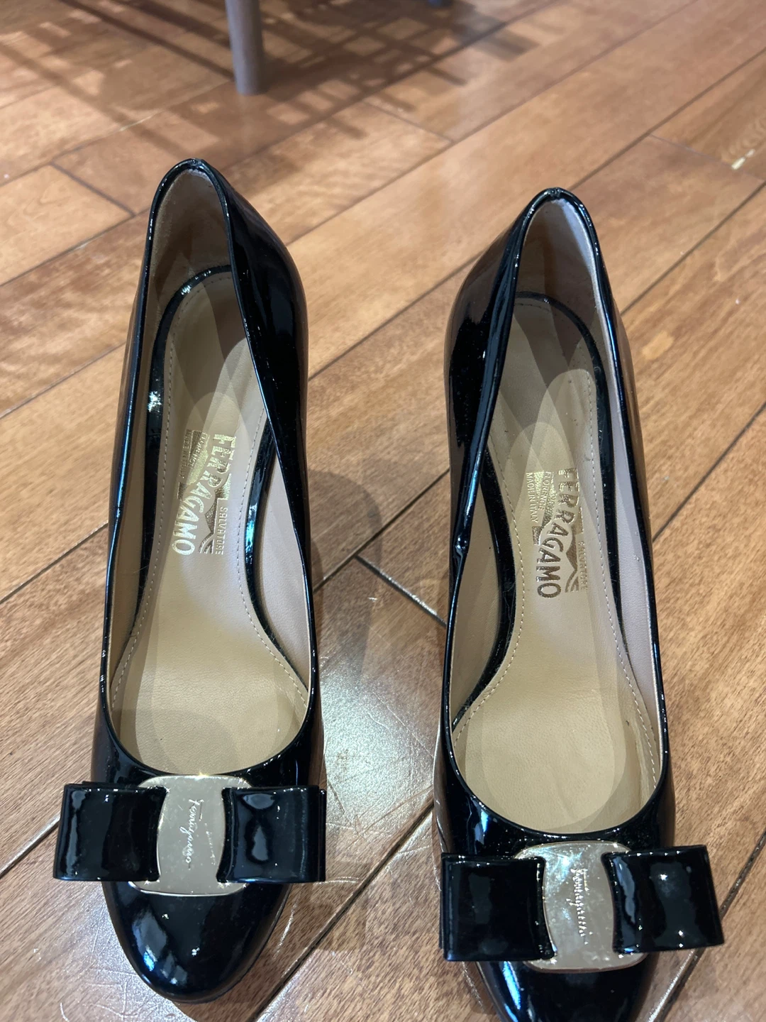 Salvatore Ferragamo Black Patent Leather Bow Heels - Size 6B