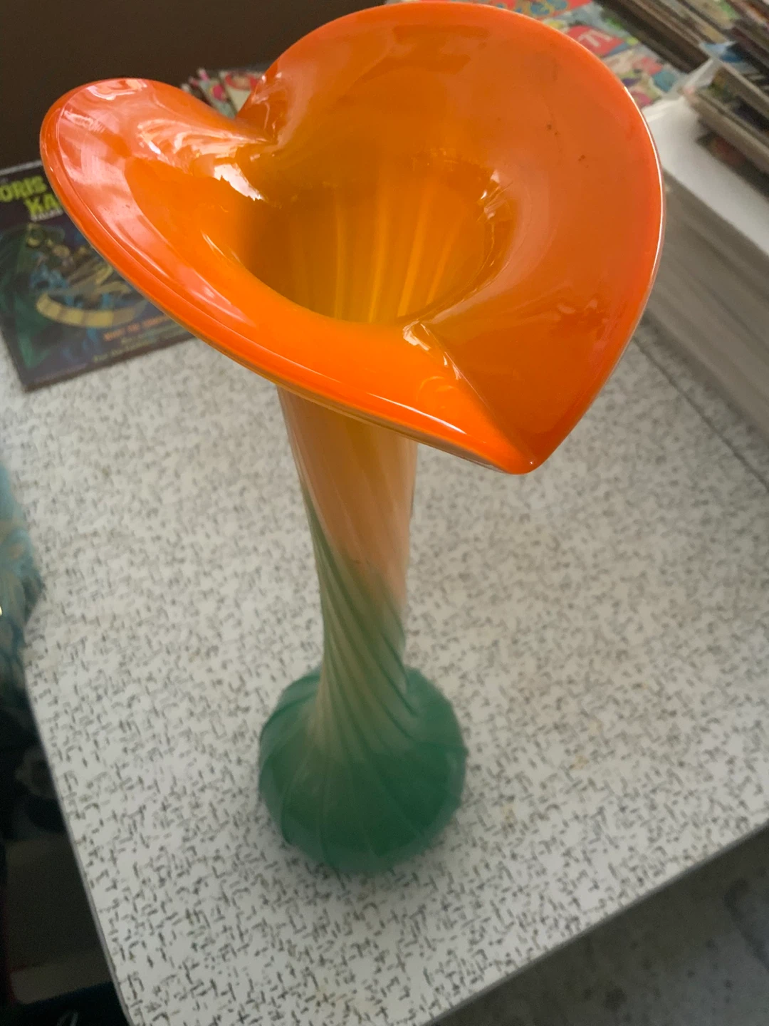 Glass Vase Orange and Green Swirl