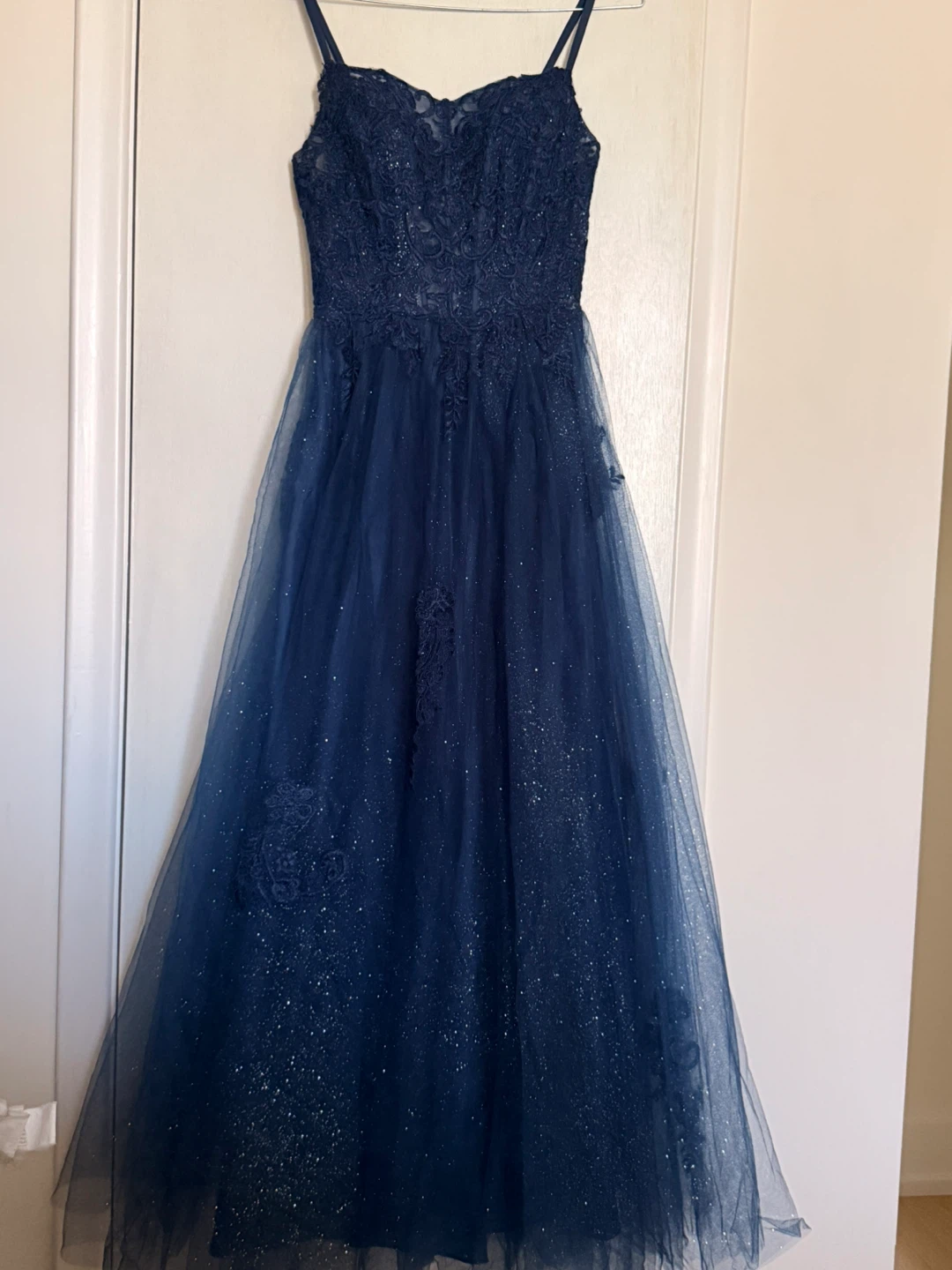 Navy sparkly corset prom dress