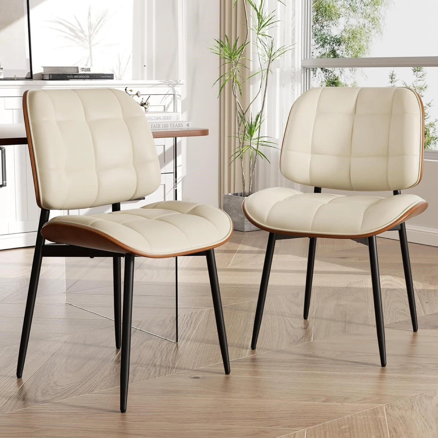 Set of 2 Cream Upholstered Dining Chairs with Wood Accents