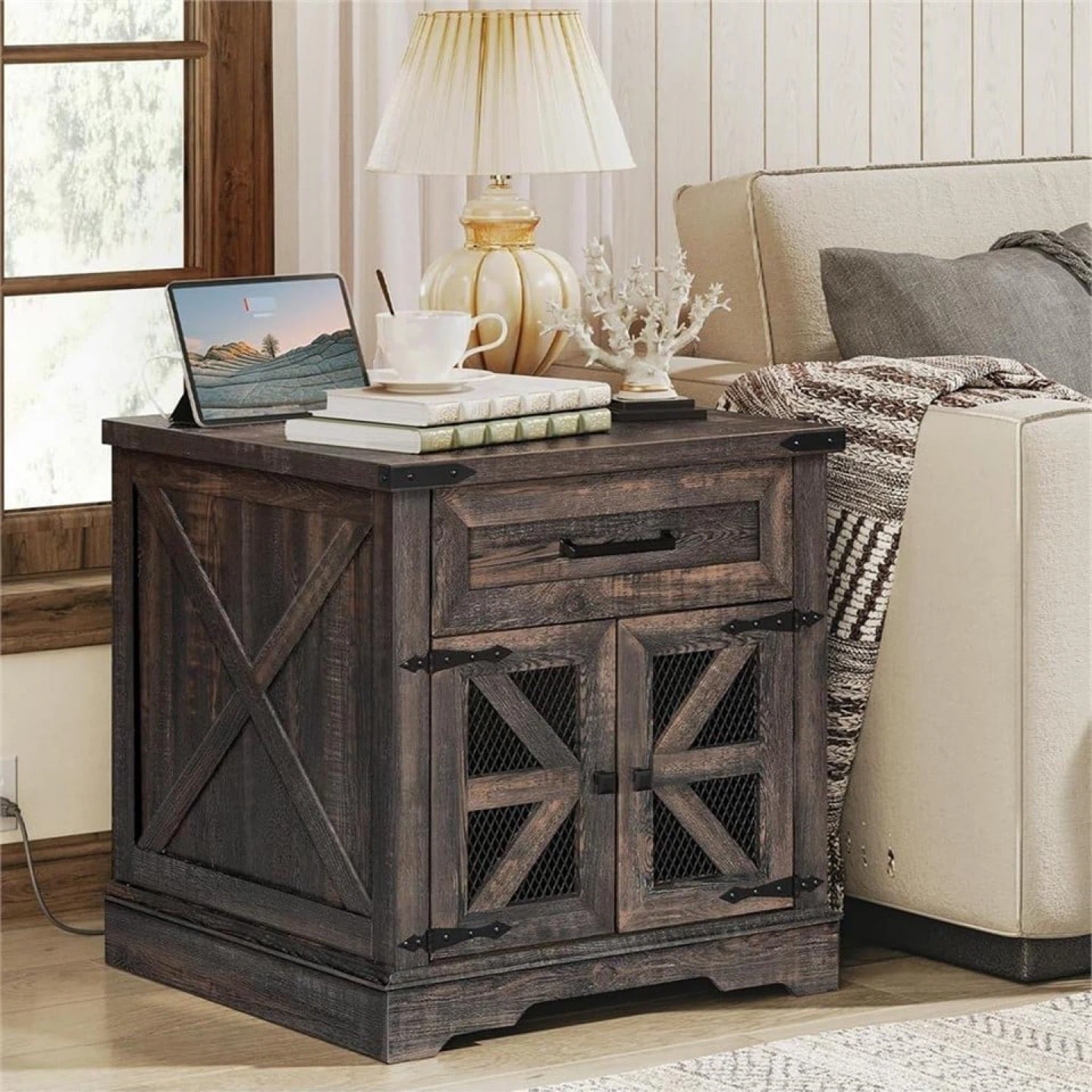Rustic Wood End Table with Drawer and Cabinet