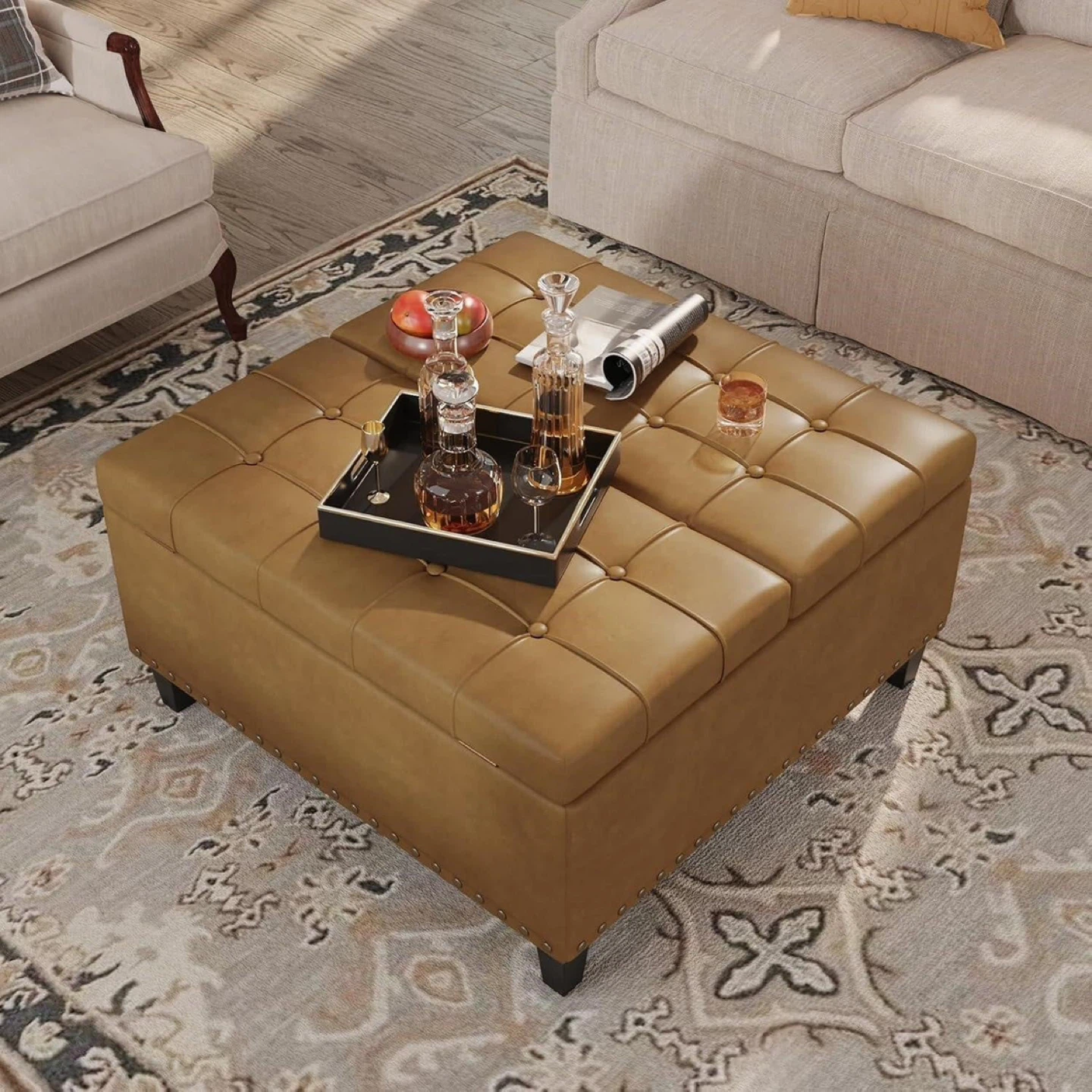 Tufted Storage Ottoman - Brown Faux Leather