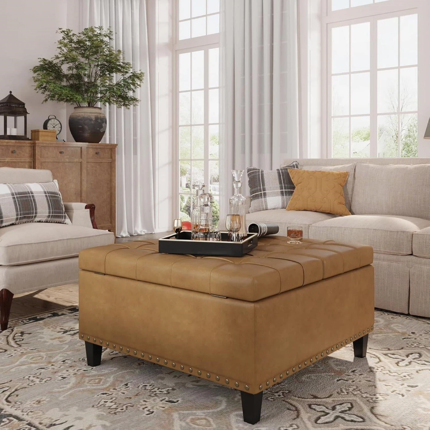 Tufted Storage Ottoman - Brown Faux Leather - photo 3