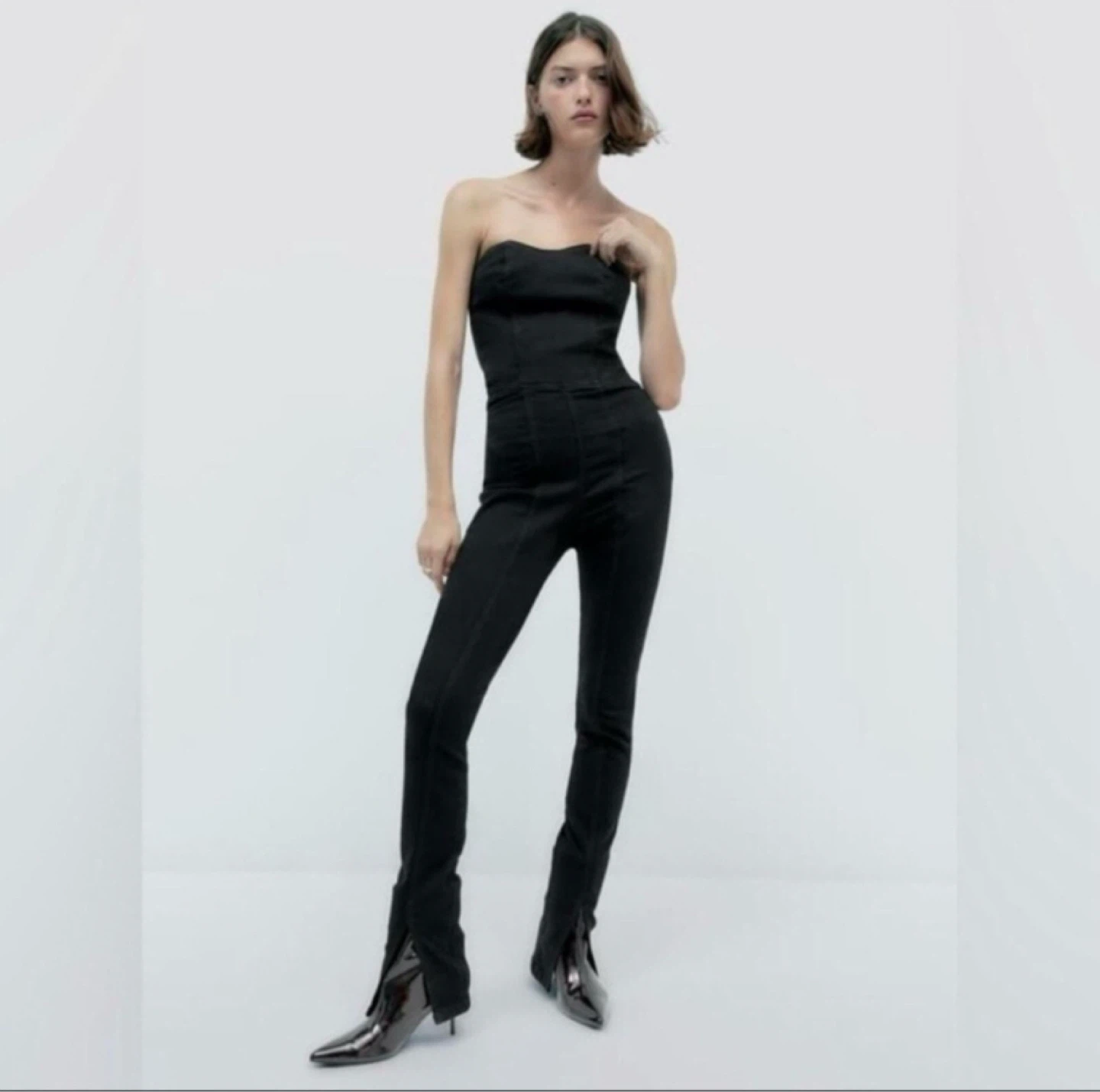 Zara Black Denim Jumpsuit Strapless XS