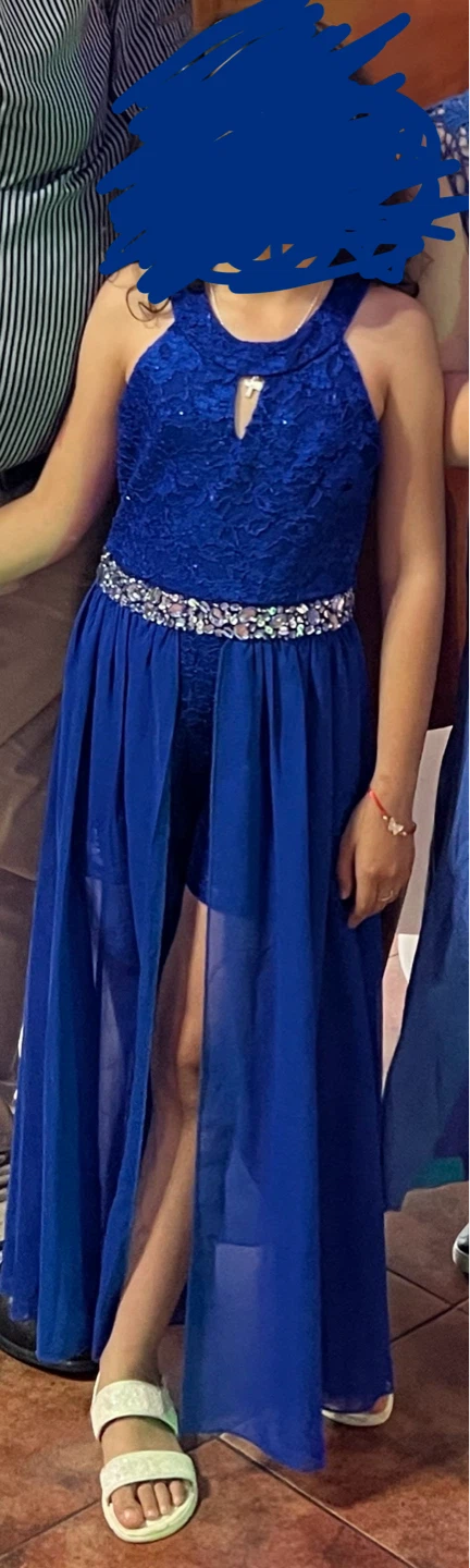 Blue Lace Embellished High-Low Dress