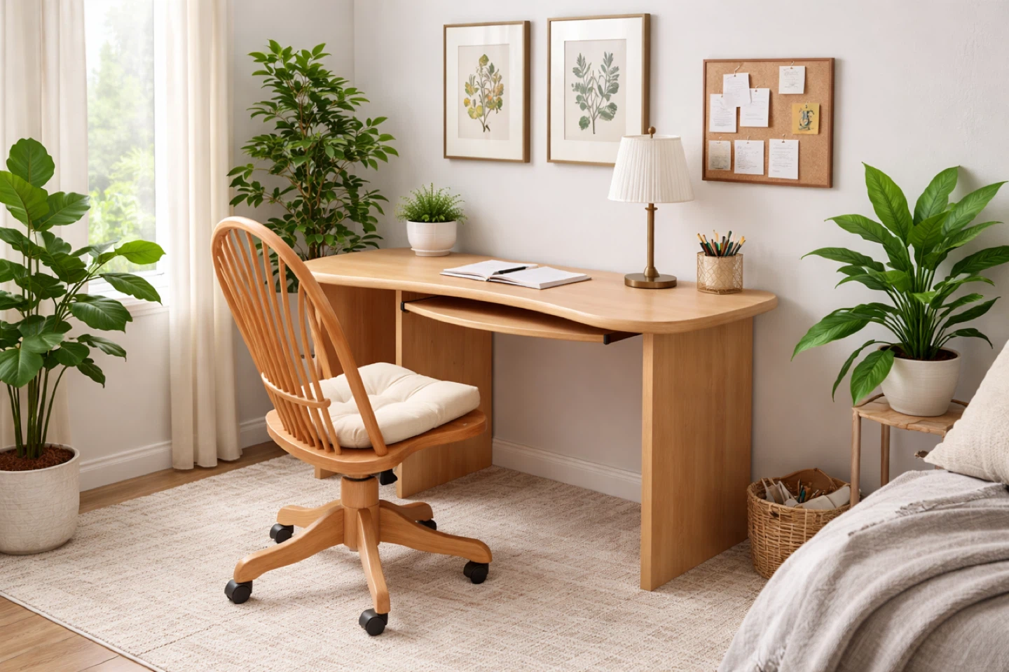 Wooden Computer Desk with Keyboard Tray and Swivel Chair