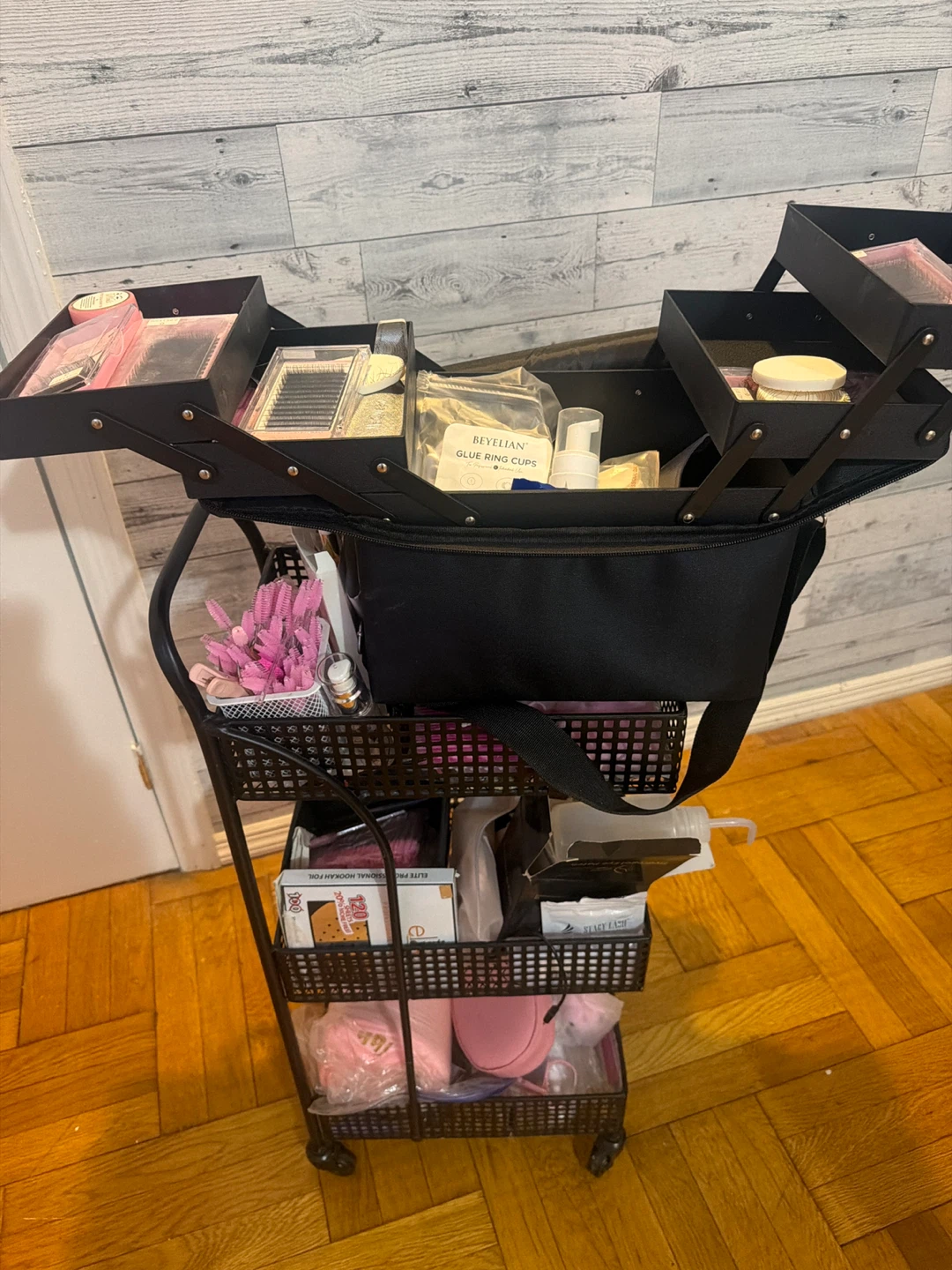 Black Rolling Makeup/Lash Trolley with Supplies