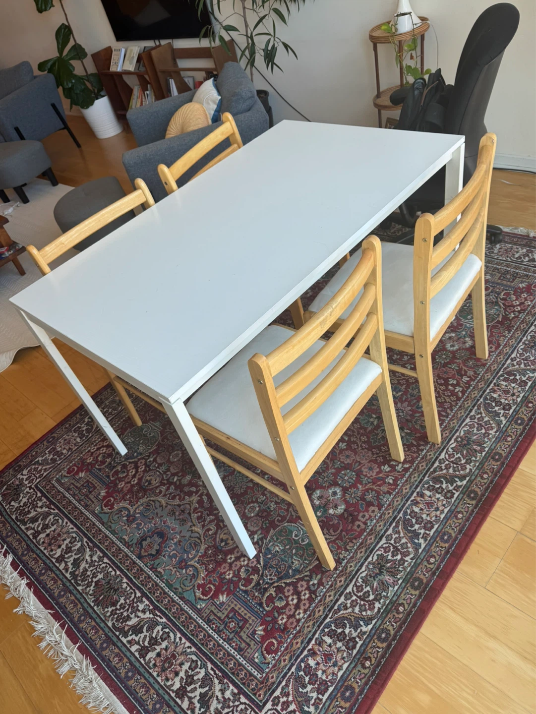 White Dining Table with 4 Wooden Chairs