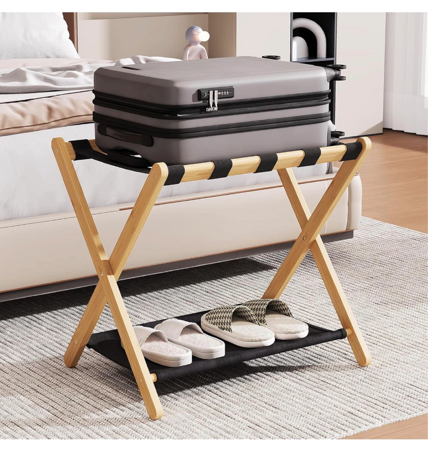 2- Wooden Luggage Rack with Black Straps and Shelf - photo 3