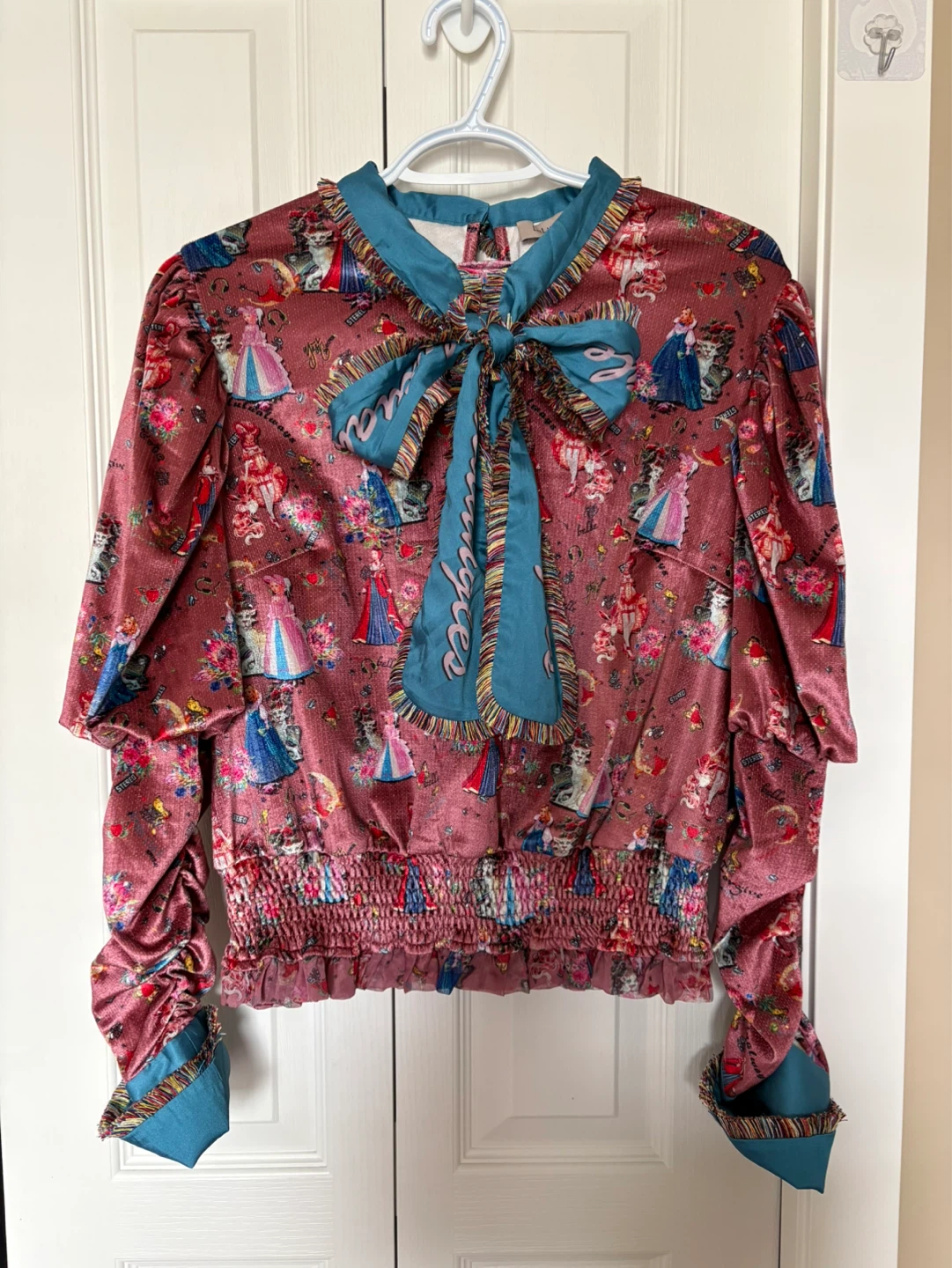 Velvet Print Blouse with Bow
