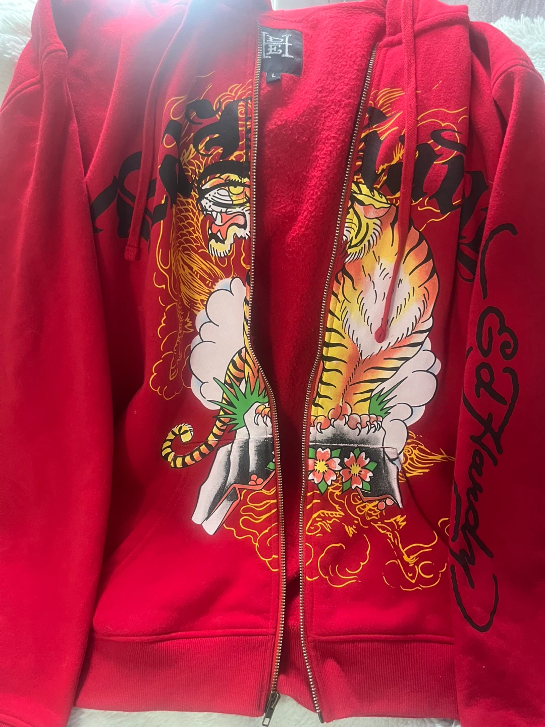 Ed Hardy Red Zip-Up Hoodie with Tiger & Eagle Graphics