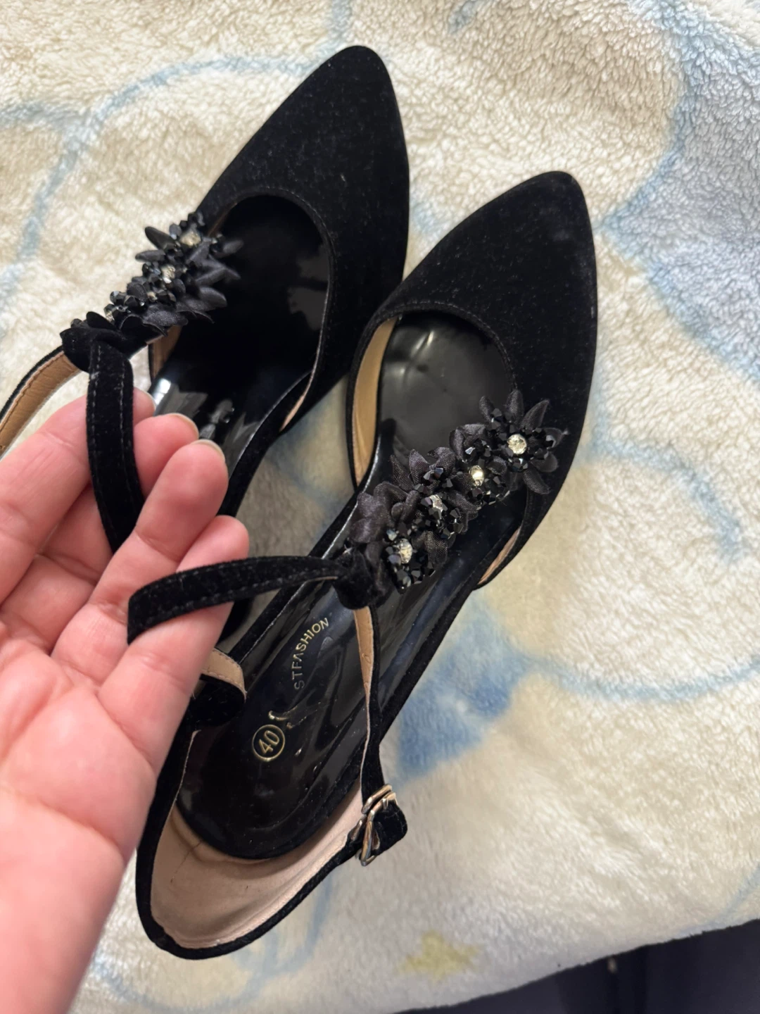 Black Suede Heels with Flower Embellishments - Size 40 - photo 4