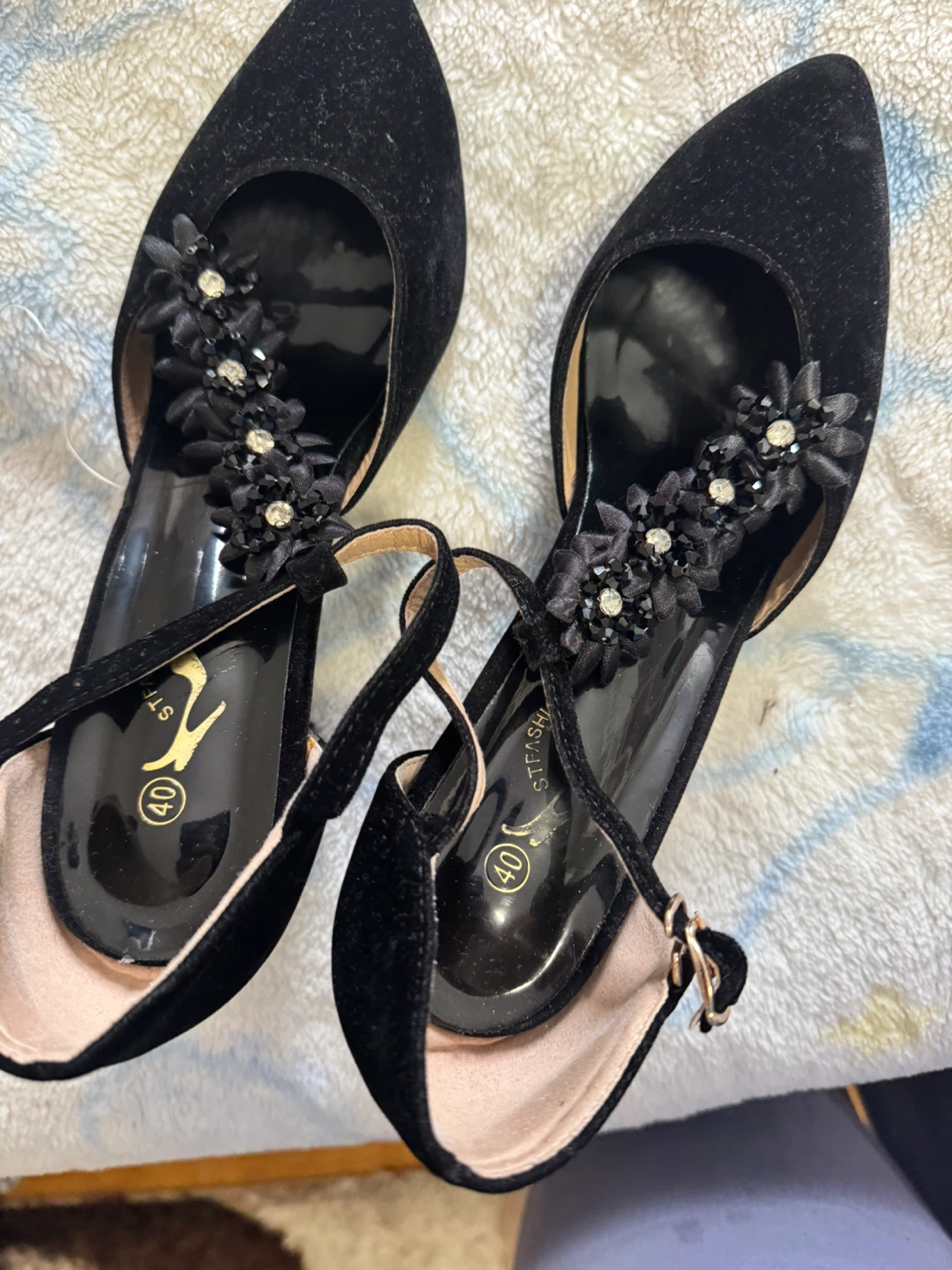 Black Suede Heels with Flower Embellishments - Size 40