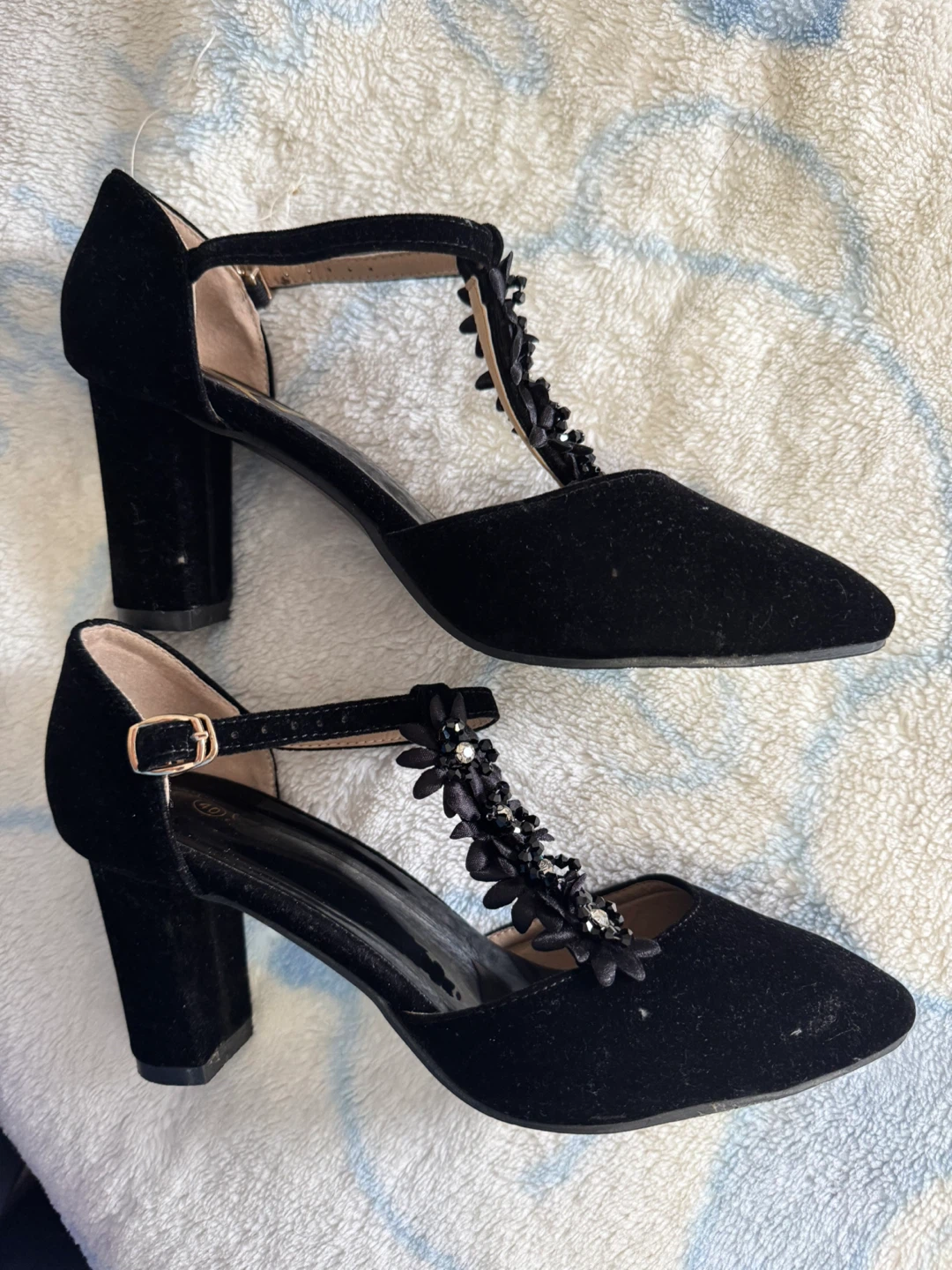 Black Suede Heels with Flower Embellishments - Size 40 - photo 2
