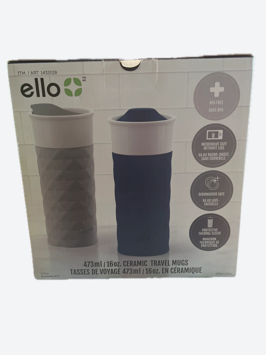 Ello 2-Pack Ceramic Travel Mugs (Grey & Blue) - 473ml/16oz - photo 2