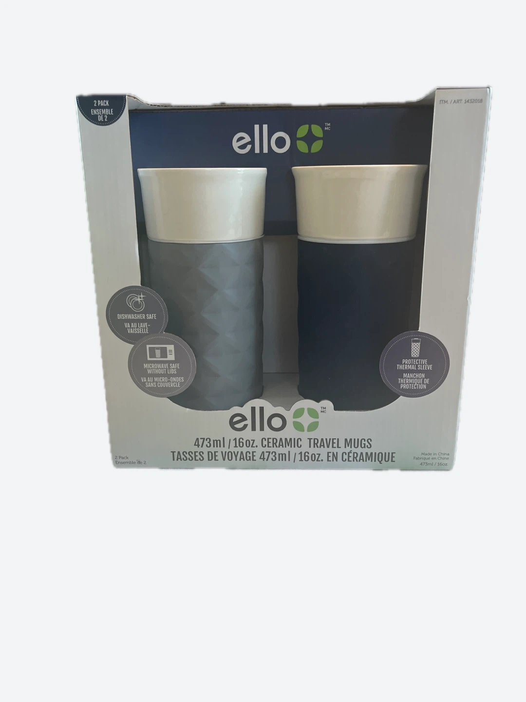 Ello 2-Pack Ceramic Travel Mugs (Grey & Blue) - 473ml/16oz