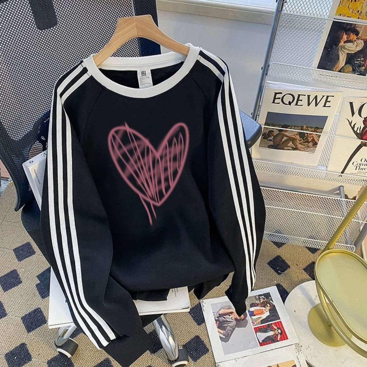Black Crewneck Sweatshirt with Pink Heart Graphic