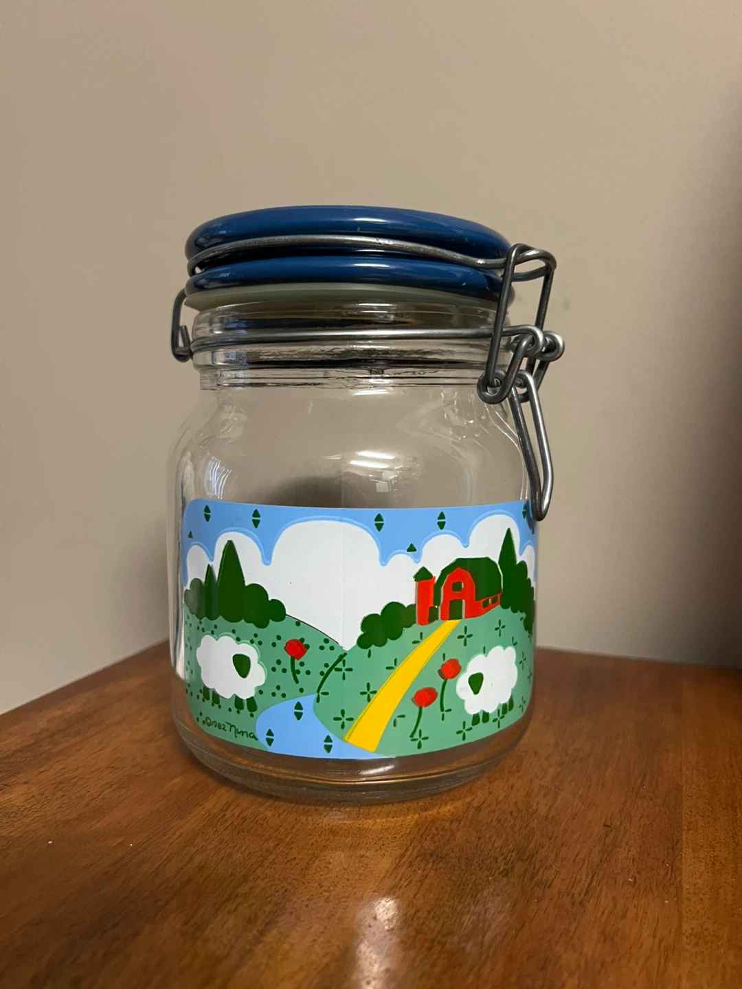 Vintage 1982 Nina Farm Scene Glass Jar