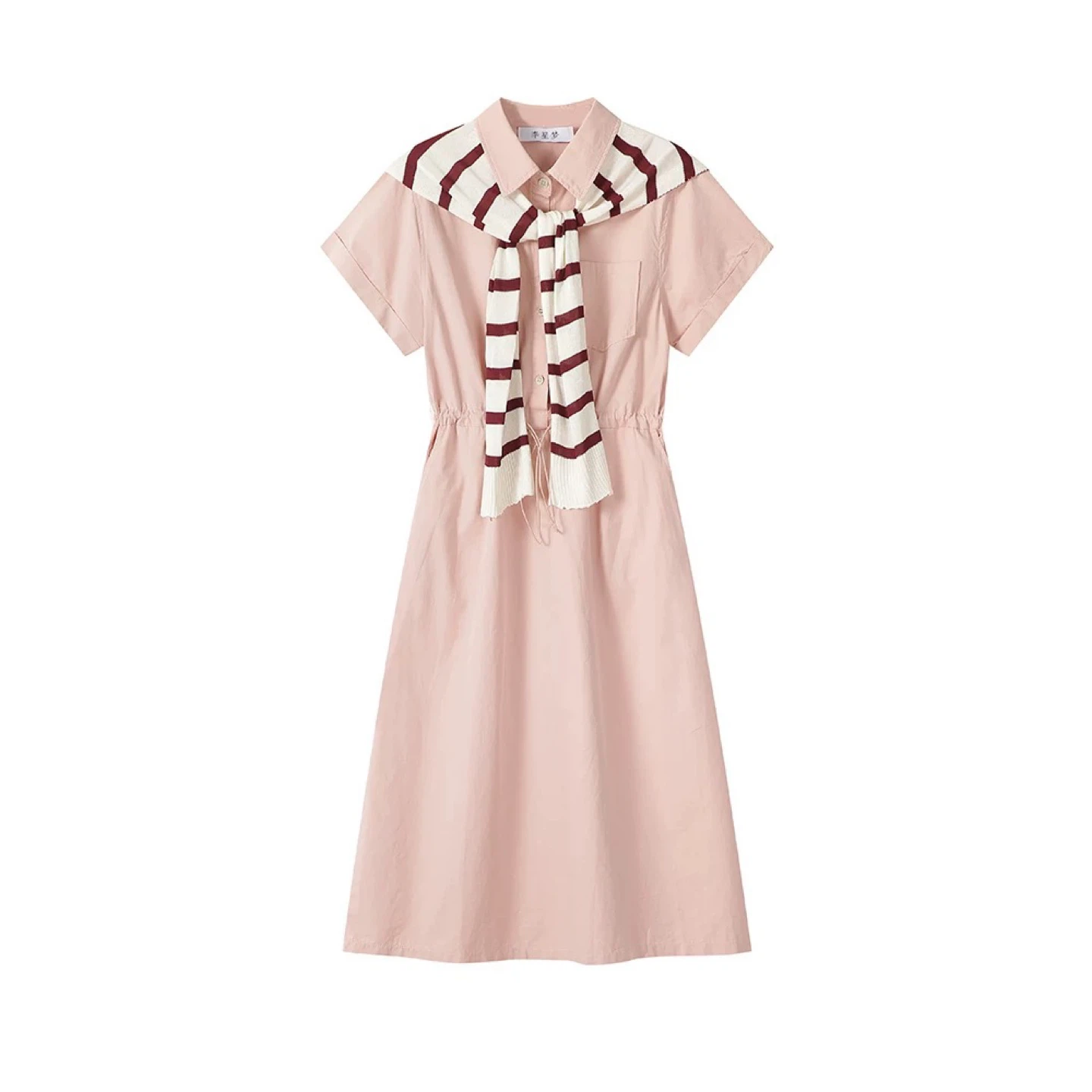 Pink Button-Up Midi Dress with Striped Scarf - photo 3