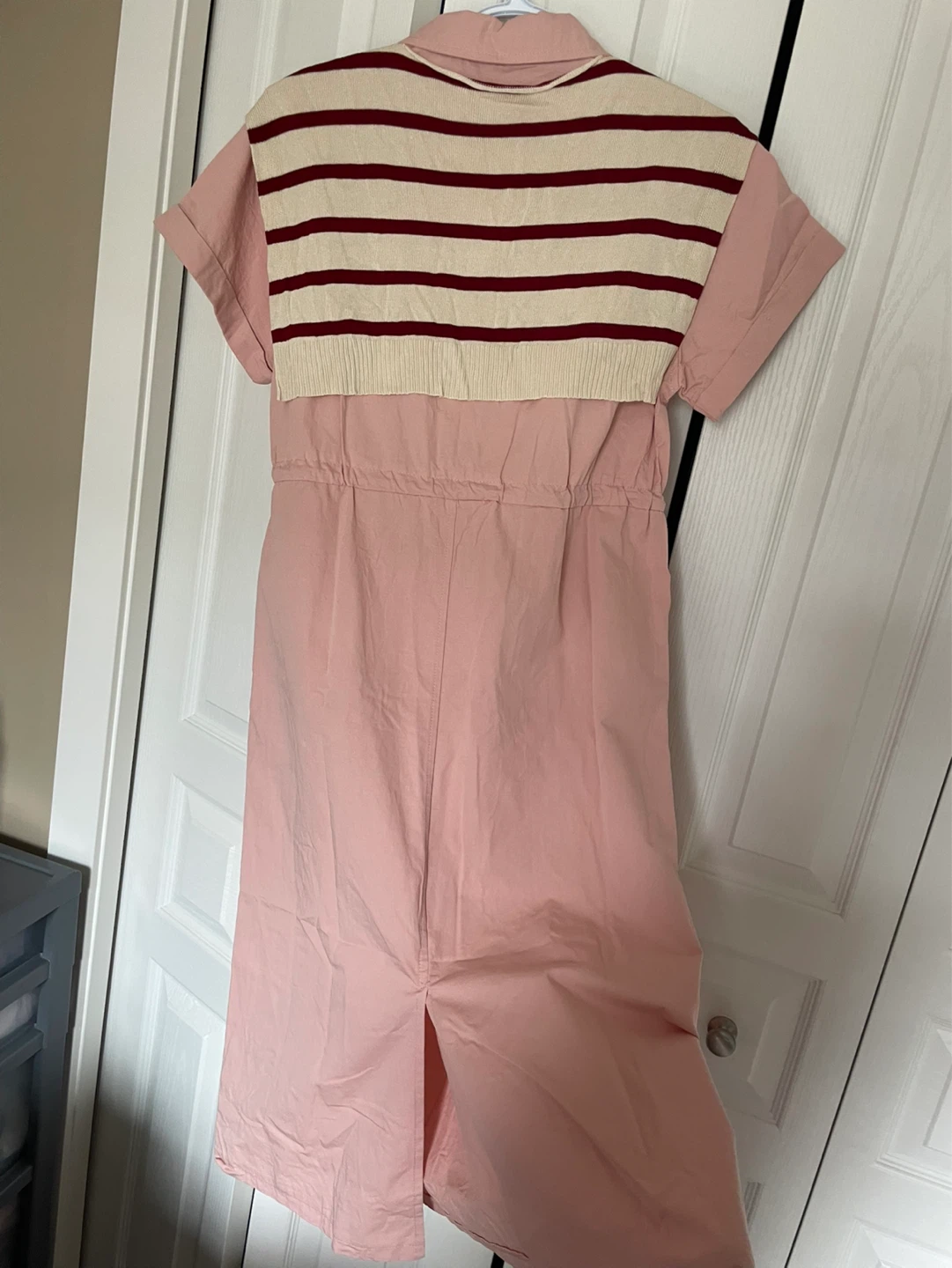 Pink Button-Up Midi Dress with Striped Scarf - photo 2