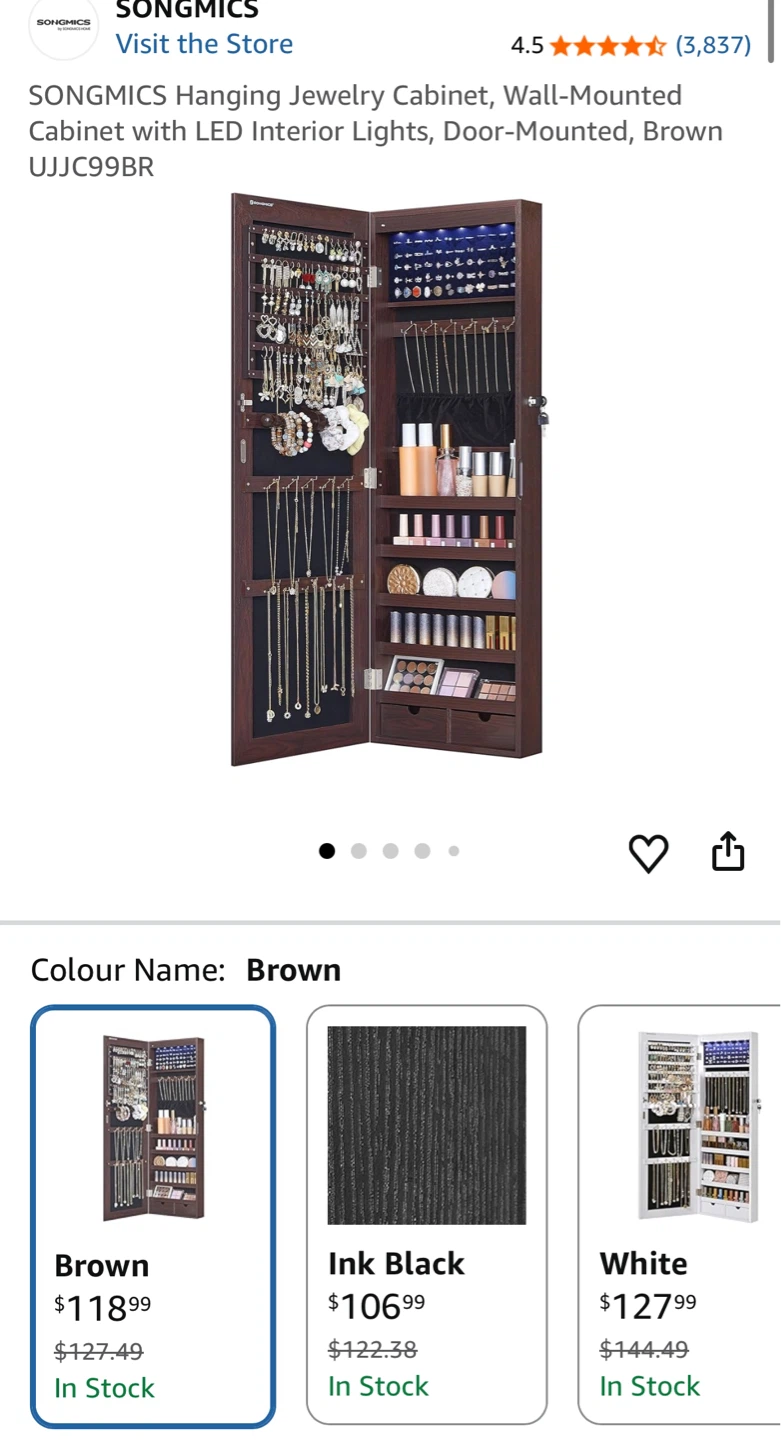 Brown Jewelry Cabinet with Mirror and LED Lights